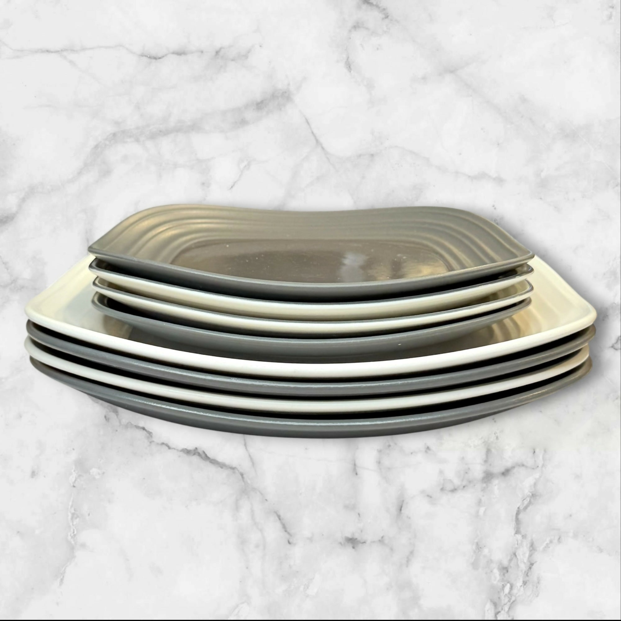 Mikasa Swirl Square Dinnerware Set | 8 Pc Graphite & White | Good Condition