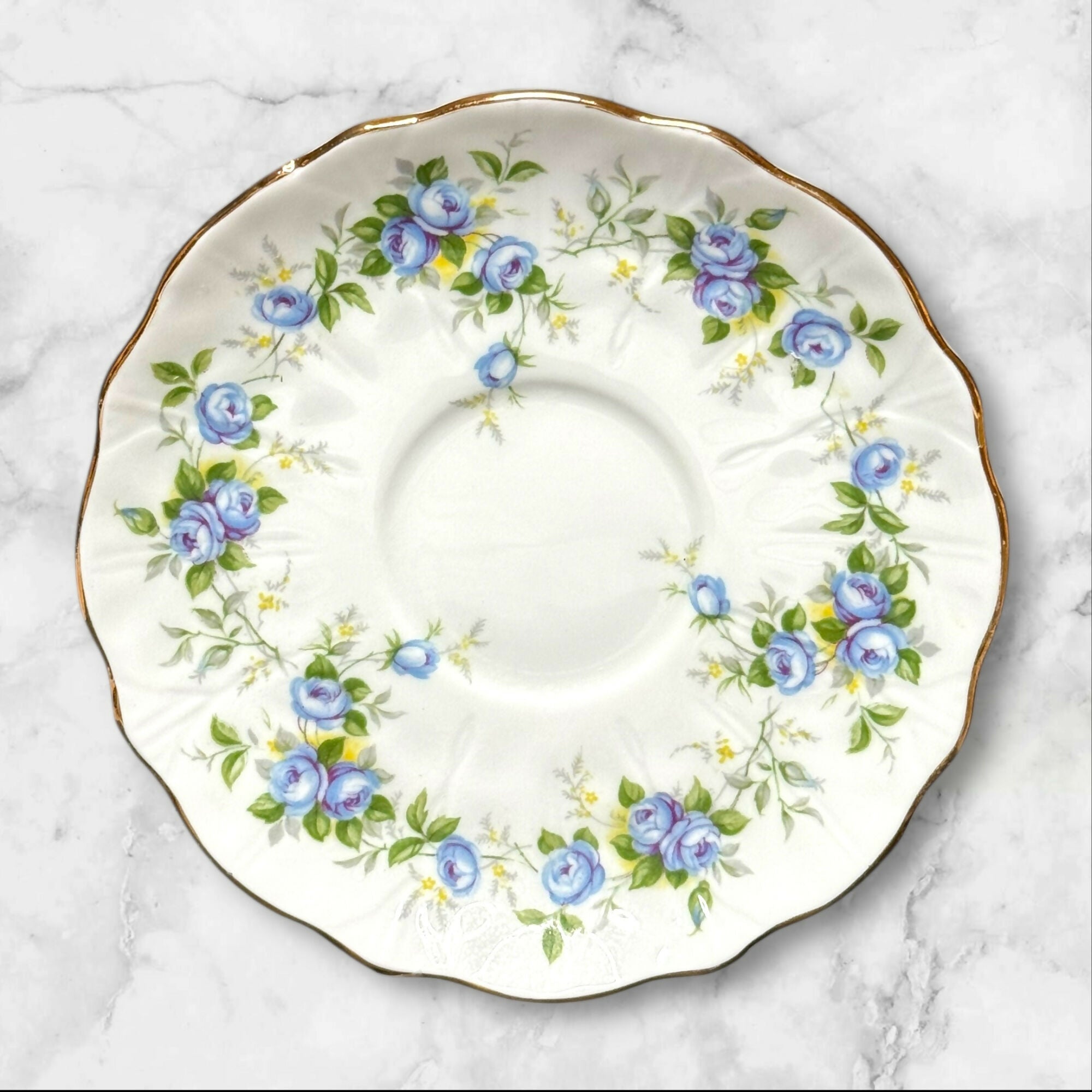 Aynsley Marine Rose 2872 Teacup & Saucer | Blue Floral Gold Trim | England