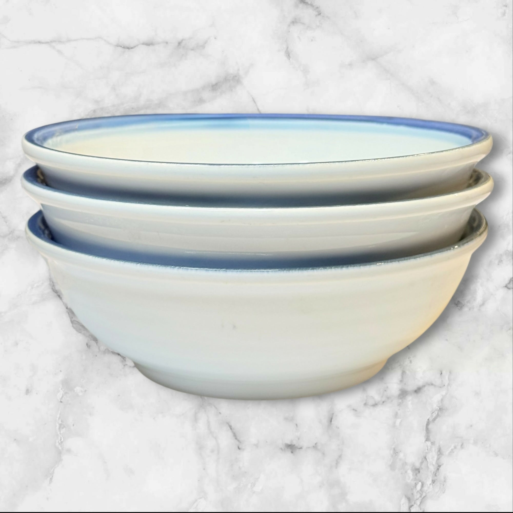 Pfaltzgraff Sky Soup Cereal Bowls Set of 3 Blue Rim Stoneware Excellent