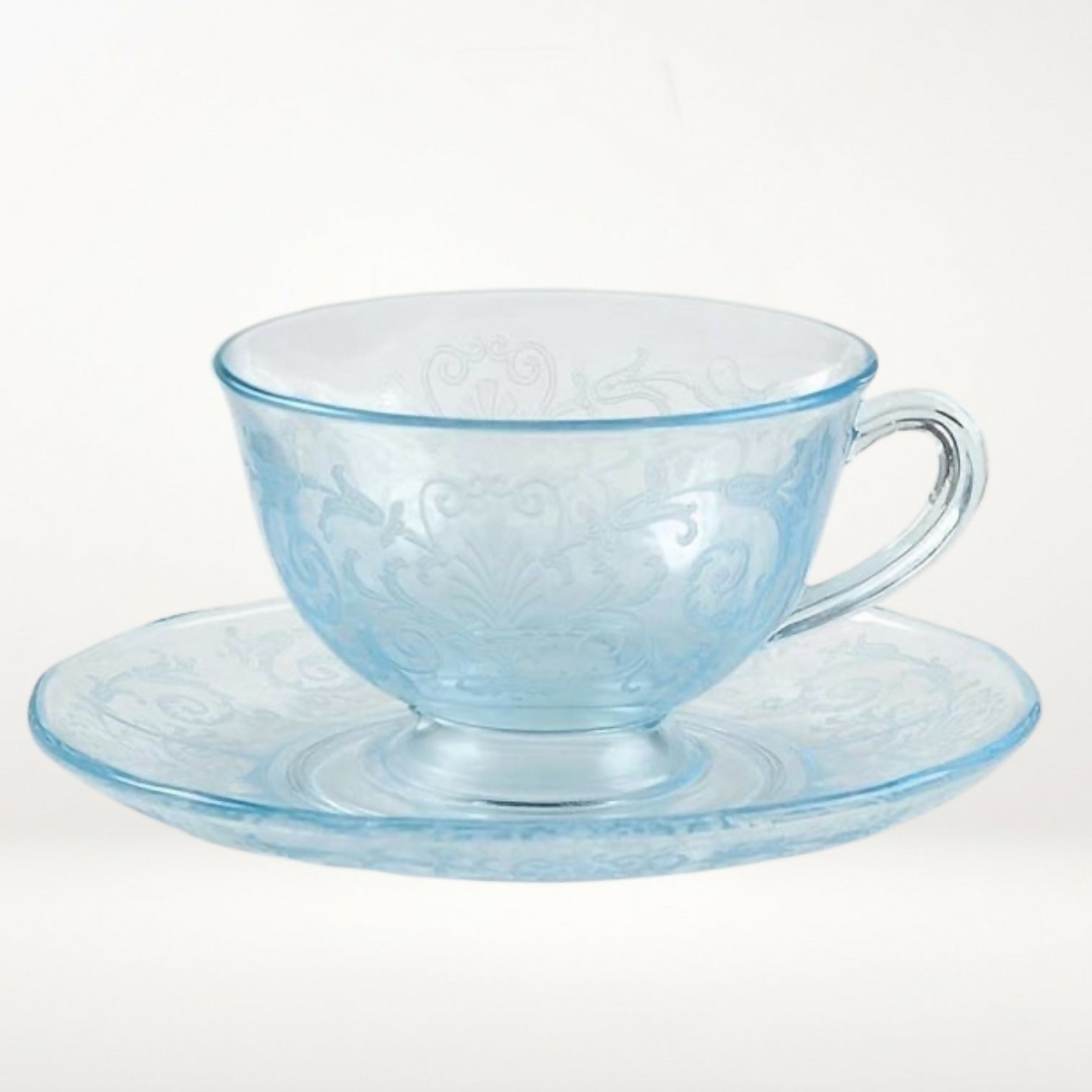 Fostoria Versailles Blue Footed Cup & Saucer | Vintage Etched Glass | Great Condition