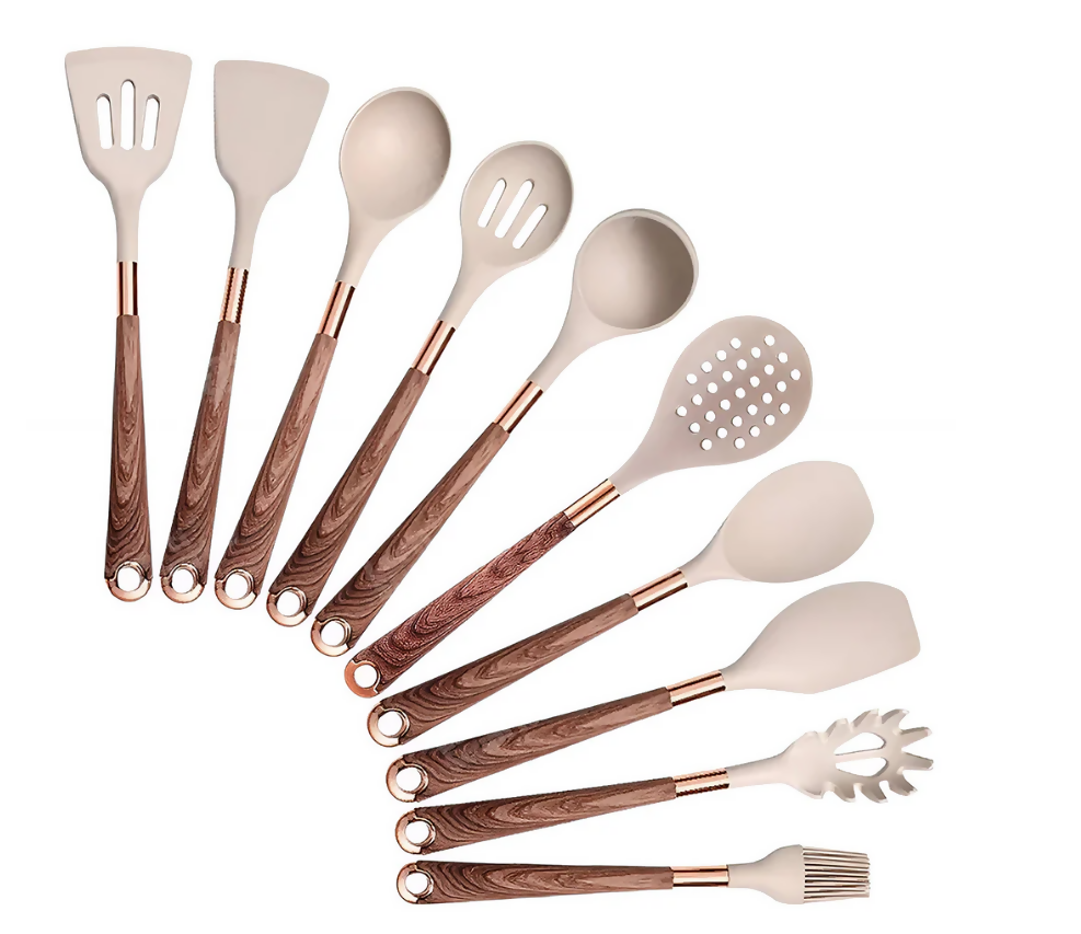 Anygleam Kitchen Utensils Non-stick Brown 10 Set Gold Plated Handle with Support Point Cooking Tool Accessories Heat Resistant Kitchenware