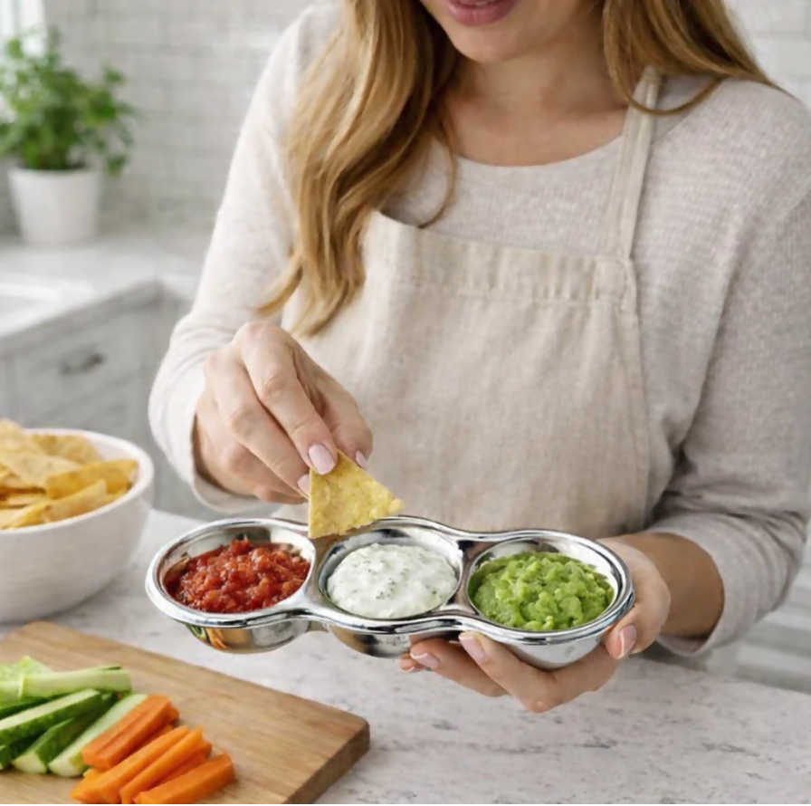 Anygleam Silver Stainless Steel 3-Grid Sauce Dish – Seasoning & Dipping Plates for Kitchenware