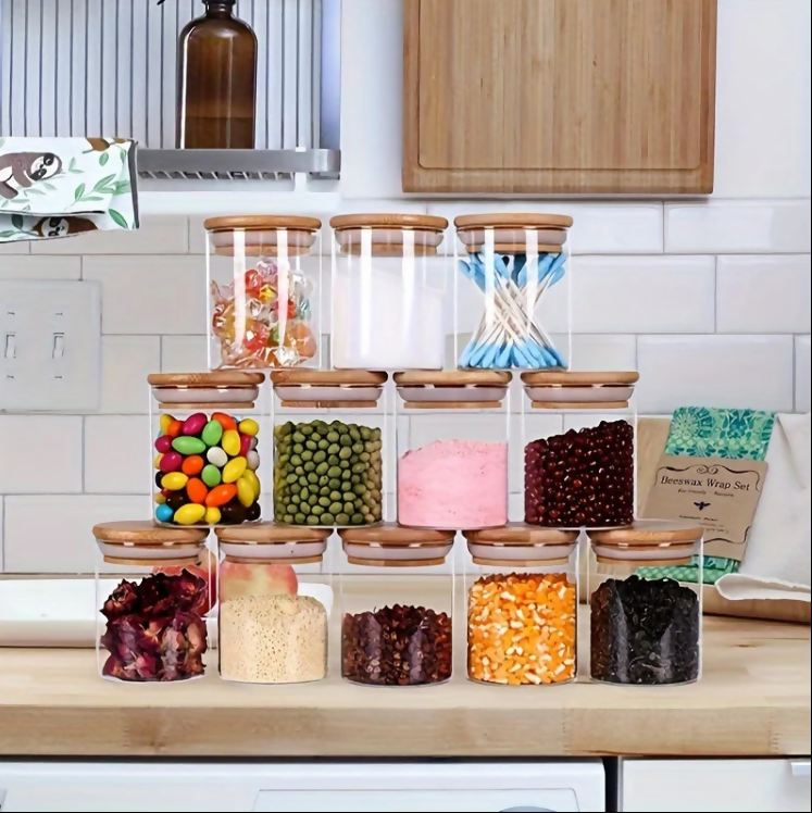 Anygleam Condiments Container 12Pcs Glass Jar Storage With Airtight Wooden Lids Canister
