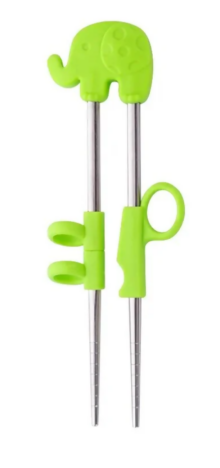 Anygleam Green Silver Elephant Chopsticks – 1 Pair | Reusable Stainless Steel Cartoon Kids Utensils