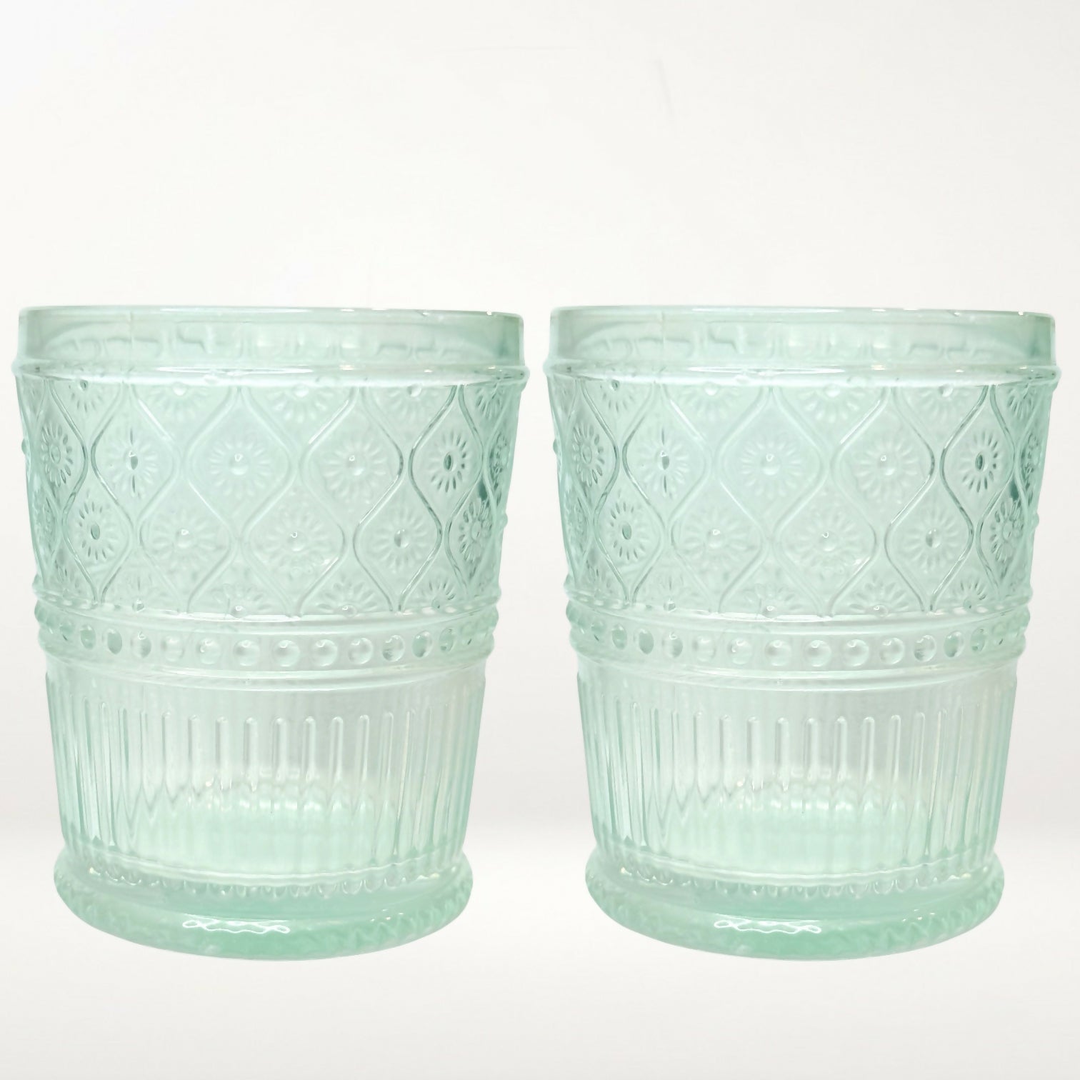 Aqua Embossed Glass Tumblers Set of 4 Vintage Style Drinking Glasses 4”