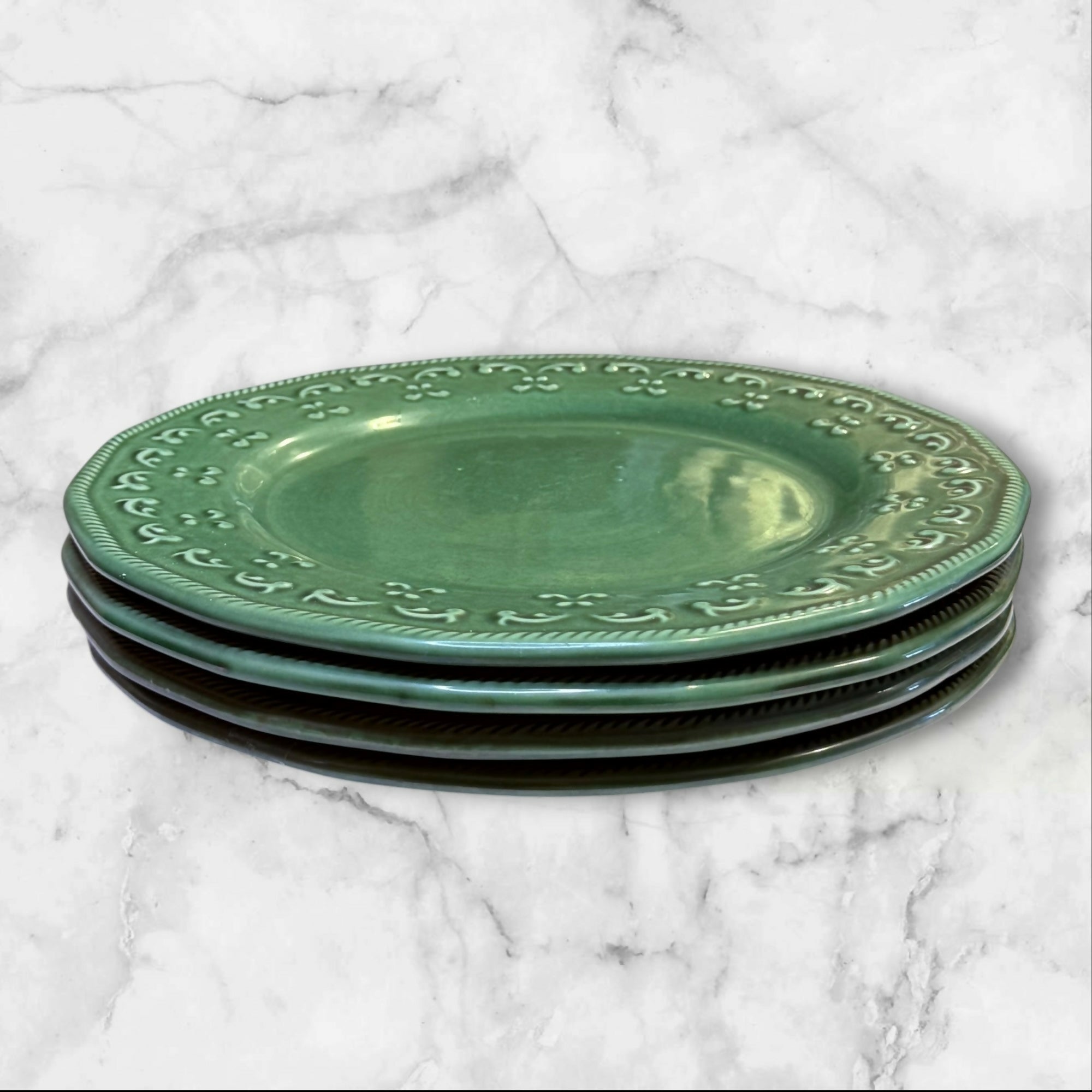 Better Homes & Gardens Green Scroll Dinner Plates | Set of 4 | Gently Used