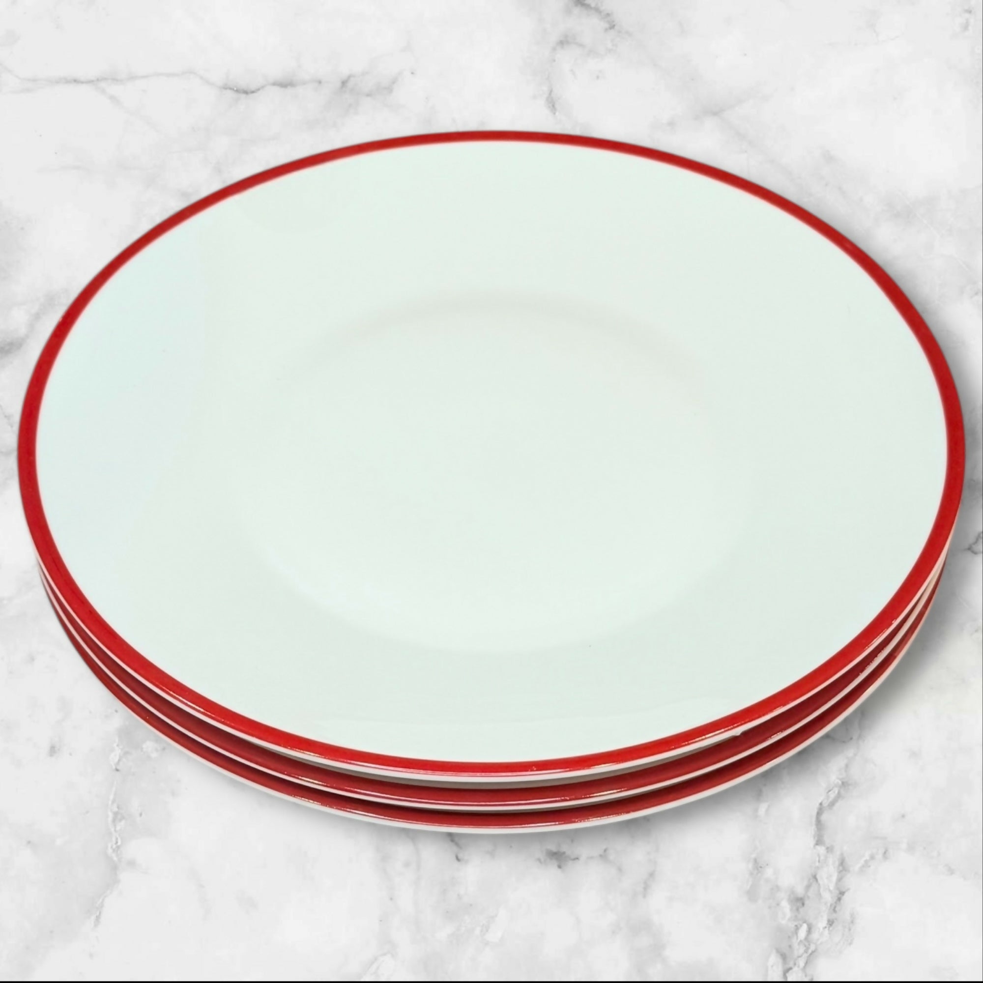 Crate & Barrel White Deep Dinner Plates Red Rim Round | Set of 3 | Excellent