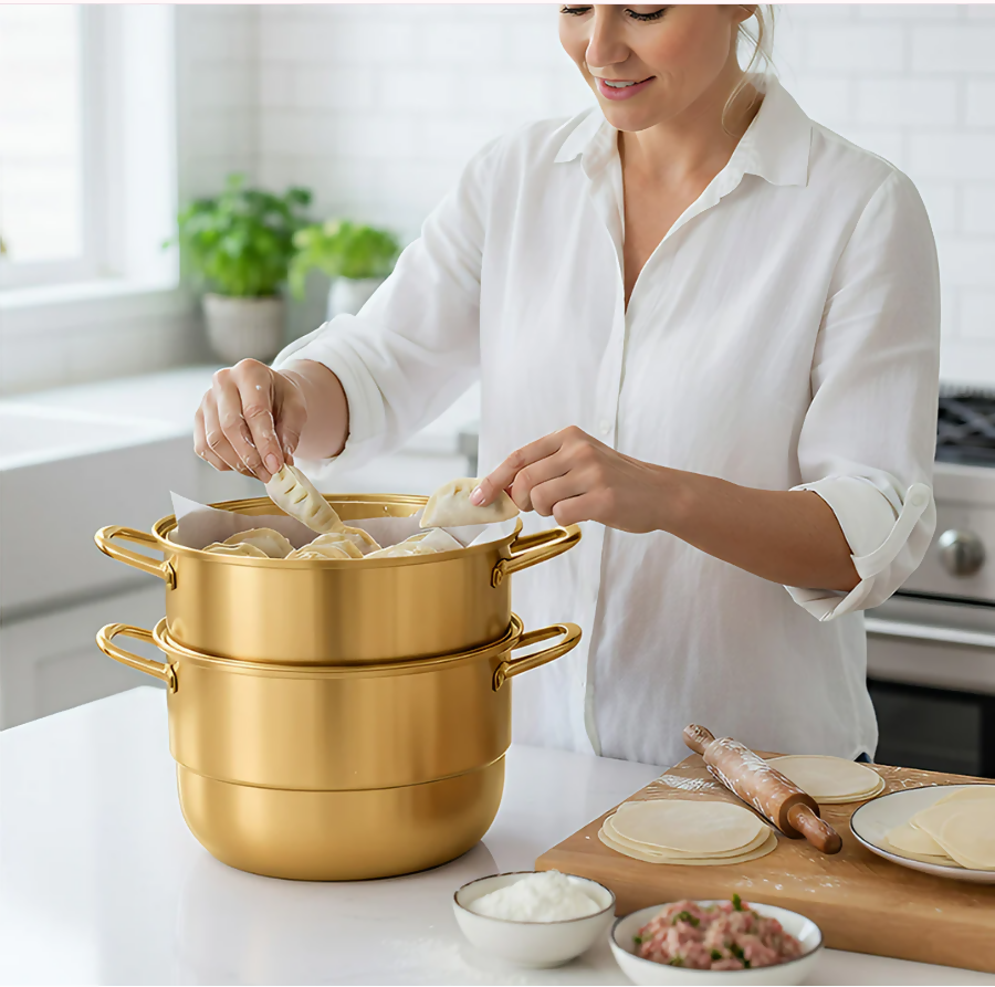 Anygleam Food Steamer Gold Three Layer Thick Stainless Steel Universal Cooking for Induction Cooker Gas Stove Steam Pot