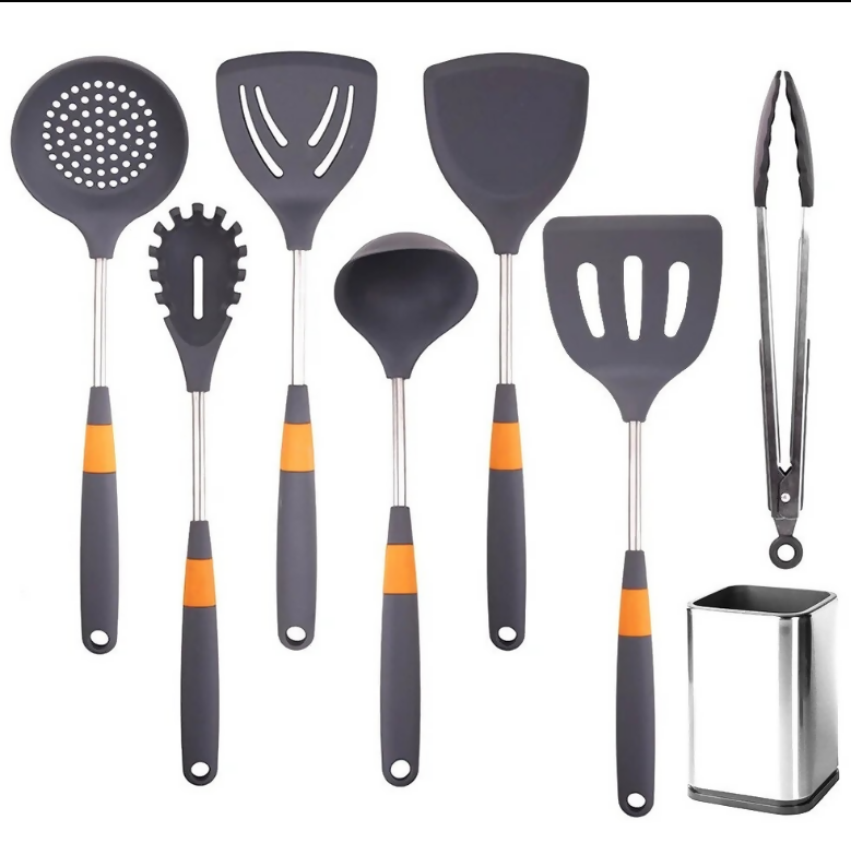 Anygleam Cooking Utensil 7 Set Grey Heat Resistant Tools with 1 Storage for Spatula Kit Kitchen Accessories Kitchenware for Nonstick Cookware