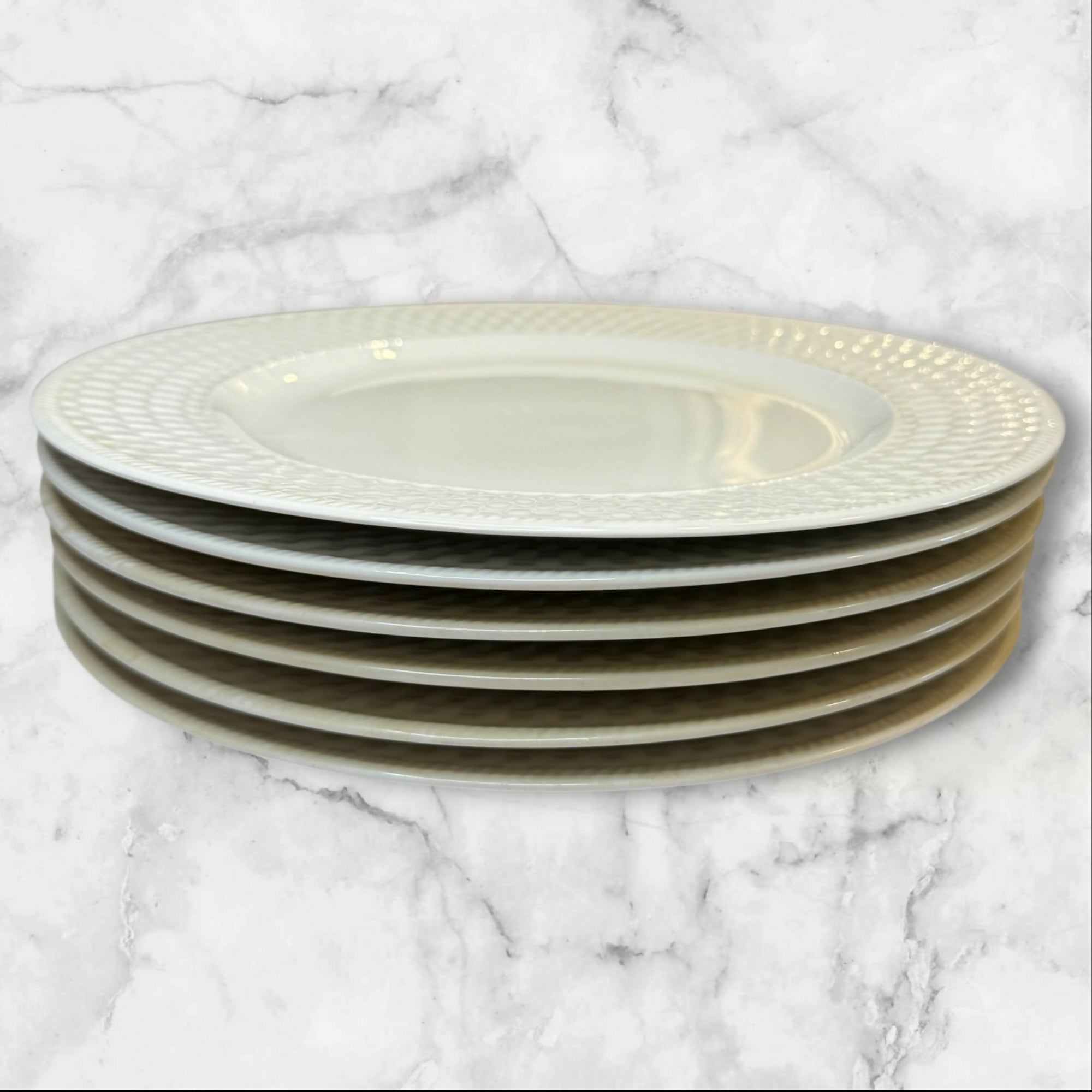 Oneida Wicker Dinner Plates White Textured Stoneware | Set of 6 | Excellent