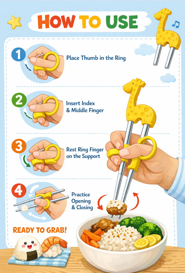 Anygleam Yellow Silver Giraffe Chopsticks – 1 Pair | Reusable Stainless Steel Cartoon Kids Utensils