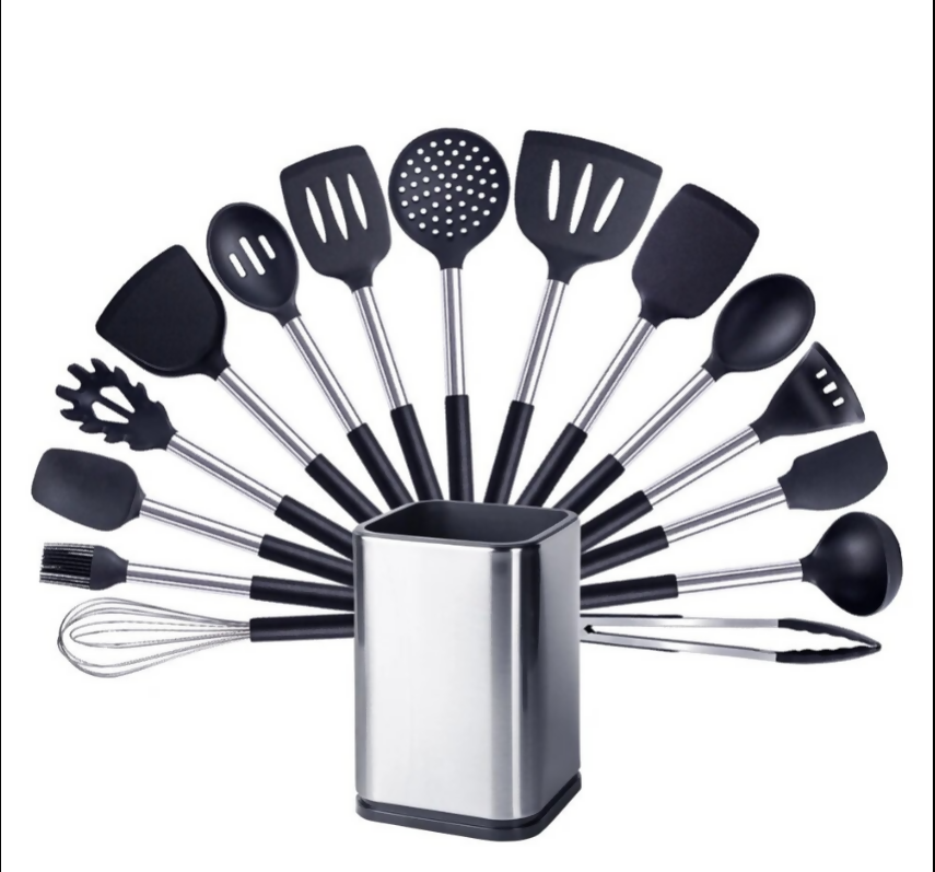 Anygleam Kitchen Utensils Non-stick Black/ Silver 15 Set Cooking Tool with Storage Box Accessories Heat Resistant Kitchenware