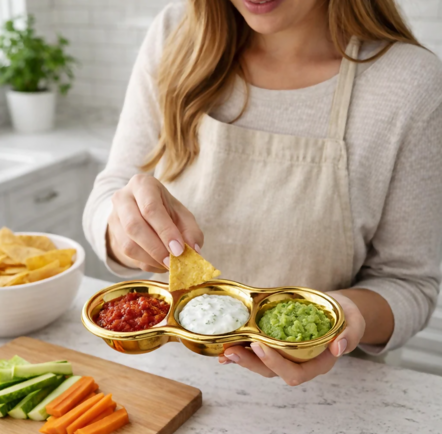Anygleam Gold Stainless Steel 3-Grid Sauce Dish – Seasoning & Dipping Plates for Kitchenware