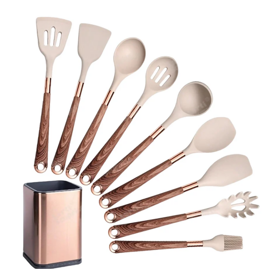 Anygleam Kitchen Utensils Non-stick Brown 9 Set Gold Plated Handle with Support Point and Storage Box Cooking Tool Accessories Heat Resistant Kitchenware