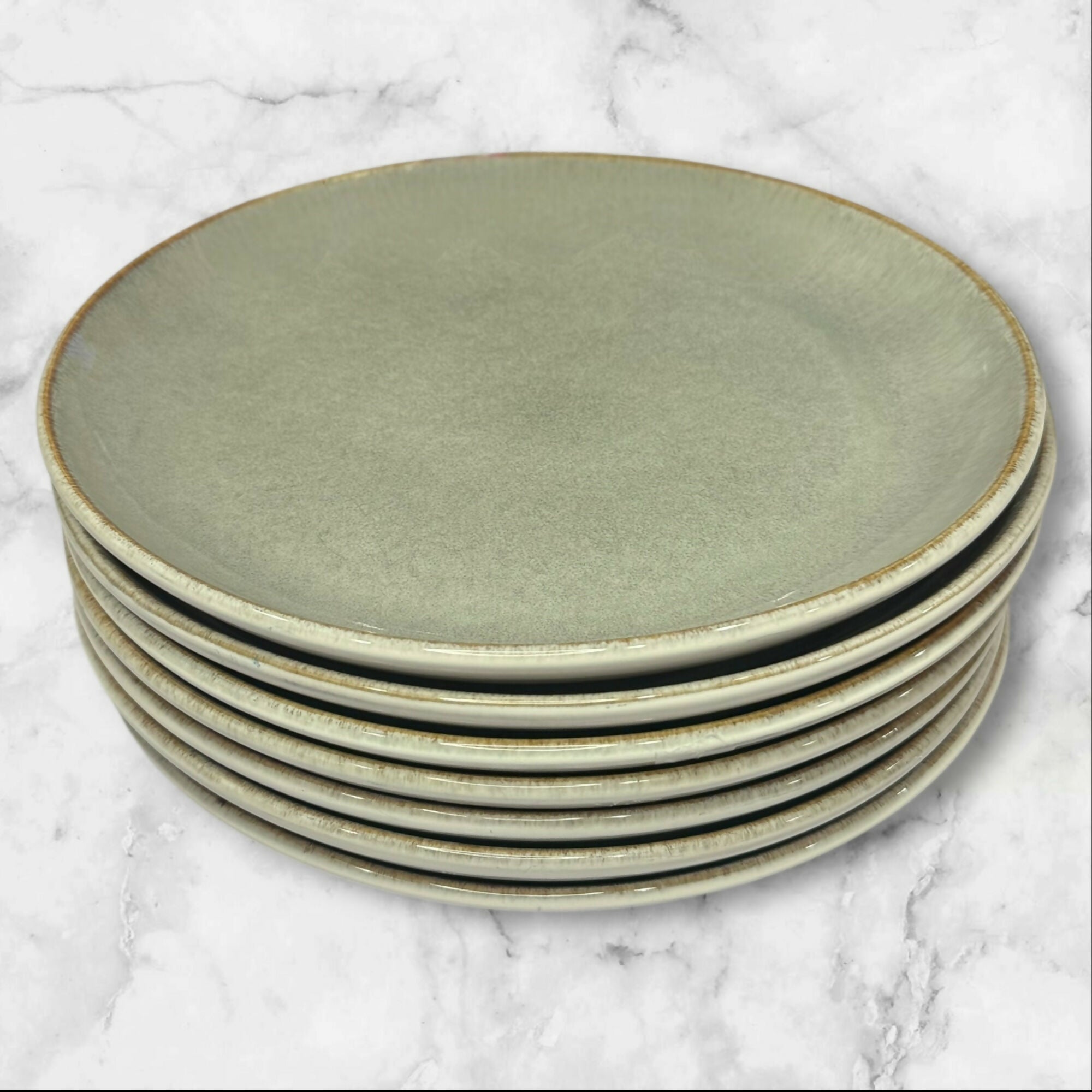Sango Stoneware Dinner Plates 11” Green Glaze | Set of 7 | Great Condition