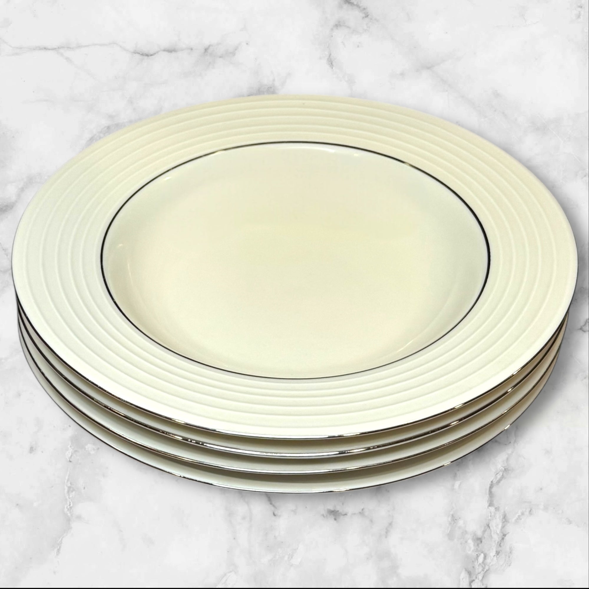 Pier 1 Silver Rings White Pasta Soup Bowls | Set of 4 | Excellent Condition