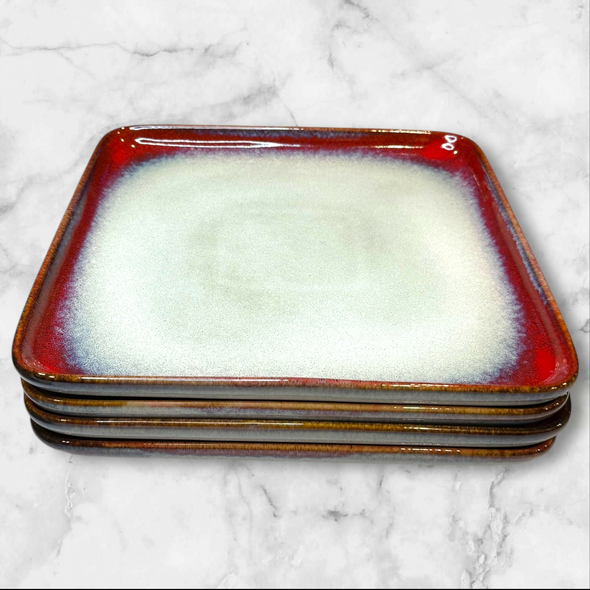 Henxfen Lead Reactive Red Square Dinner Plates | Set of 4 | Excellent Condition