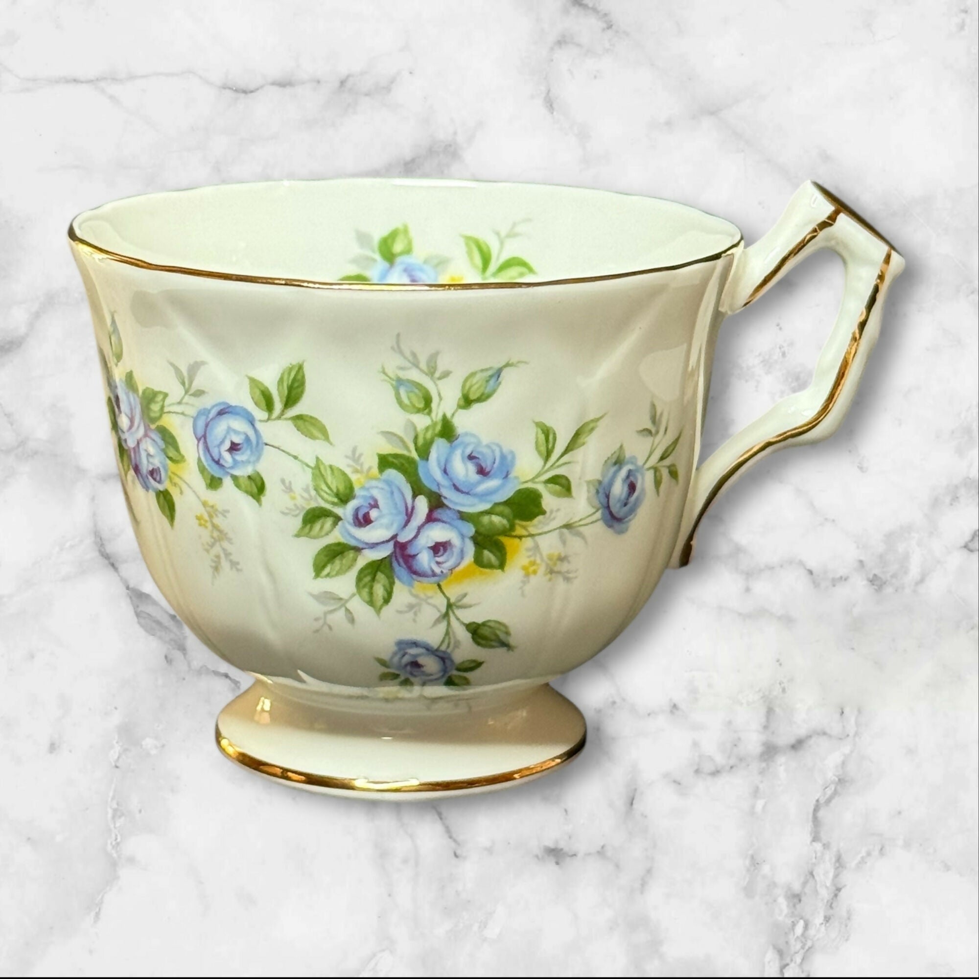 Aynsley Marine Rose 2872 Teacup & Saucer | Blue Floral Gold Trim | England