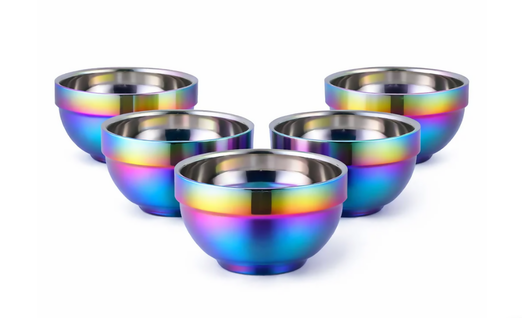 Anygleam Pink Rainbow Rice Bowls – 5Pcs Small Stainless Steel, Single-Layer Anti-Scalding Cooking Utensils