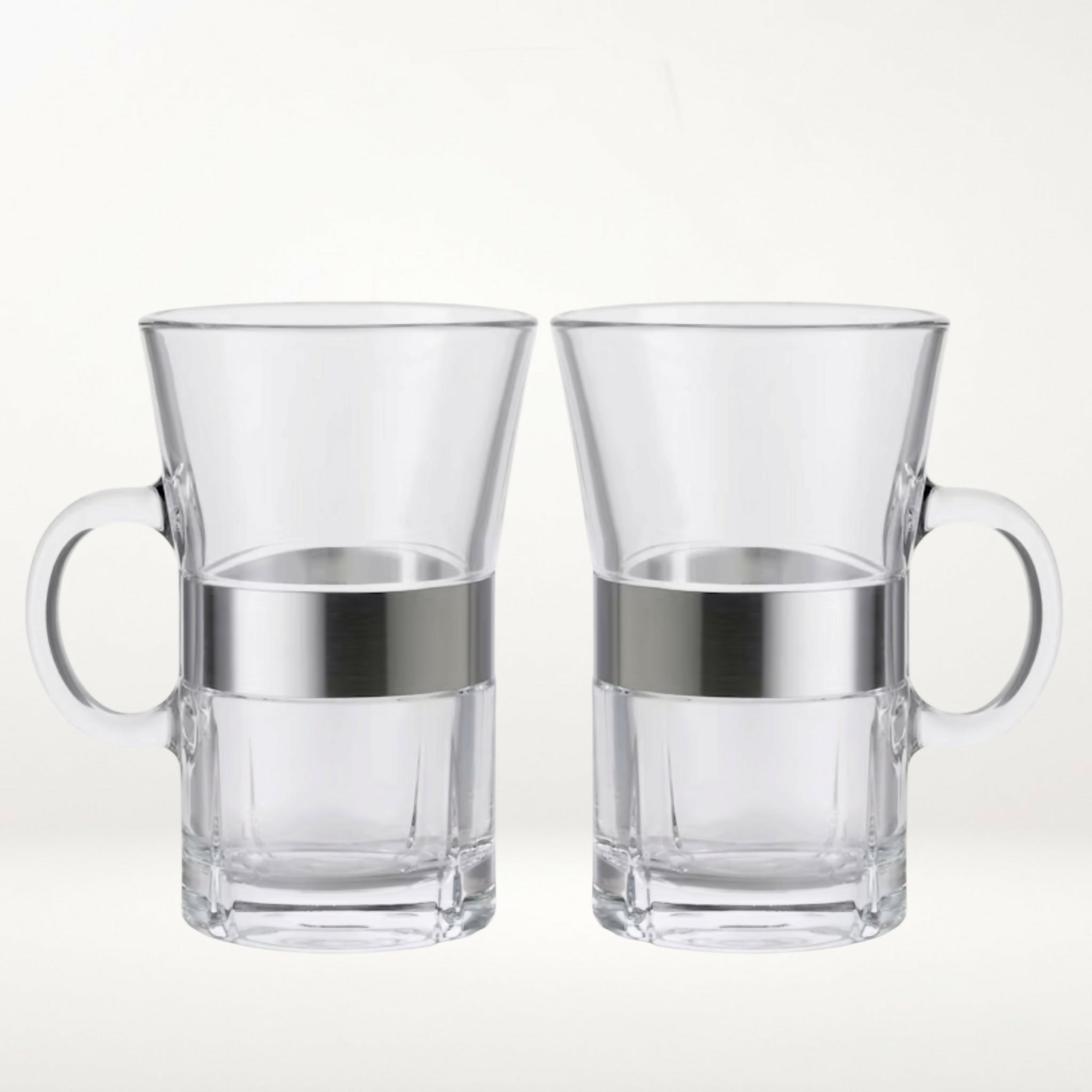 Modern Glass Coffee Mugs with Stainless Band | Set of 2 | Excellent Condition