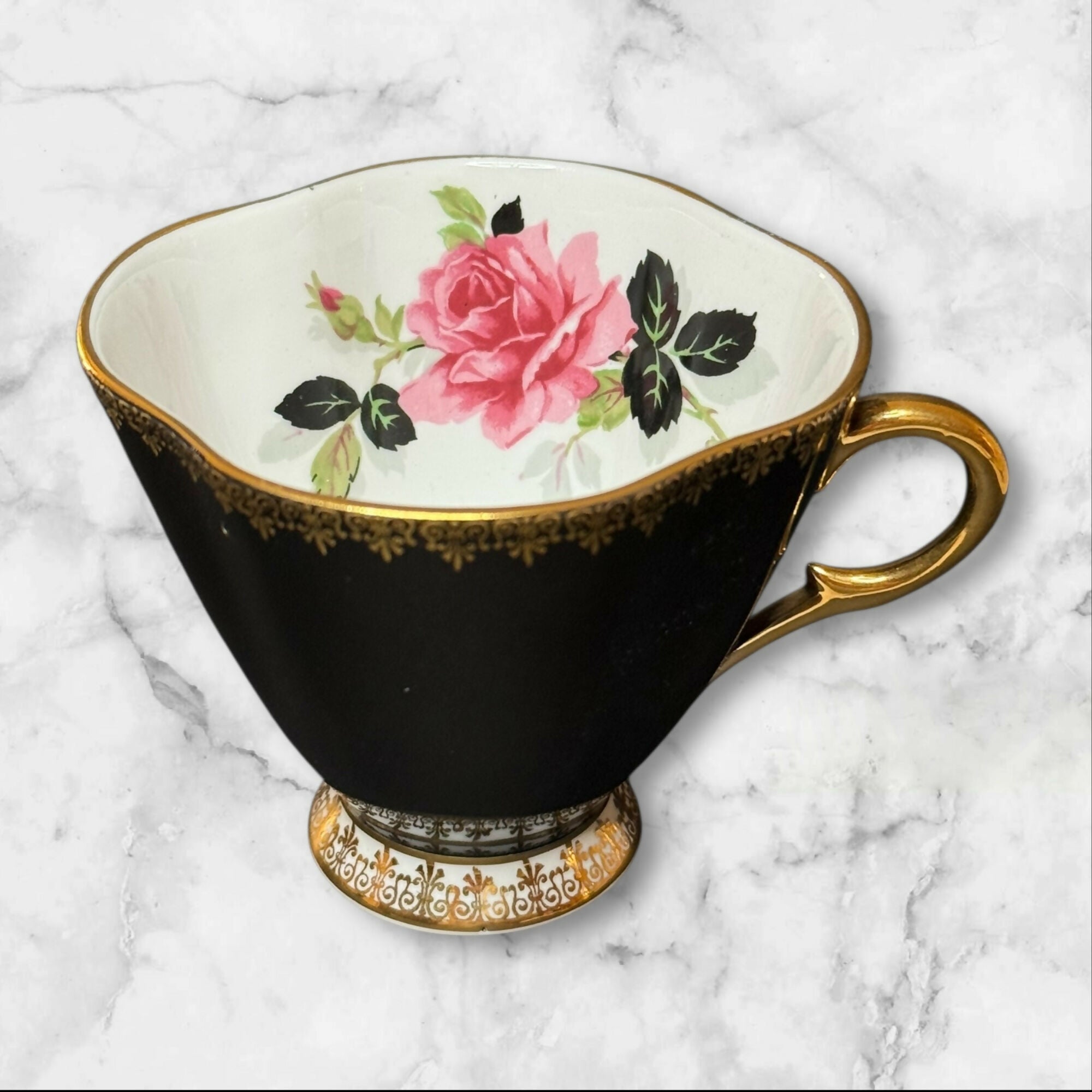 Clarence & Royal Albert Bone China Teacup & Saucer | Black Floral Mix | England