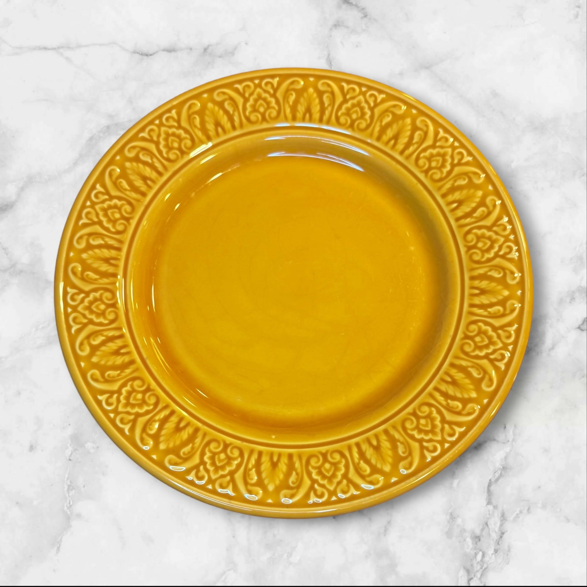 World Market Embossed Yellow Dinner Plates Set of 4 | Good Condition