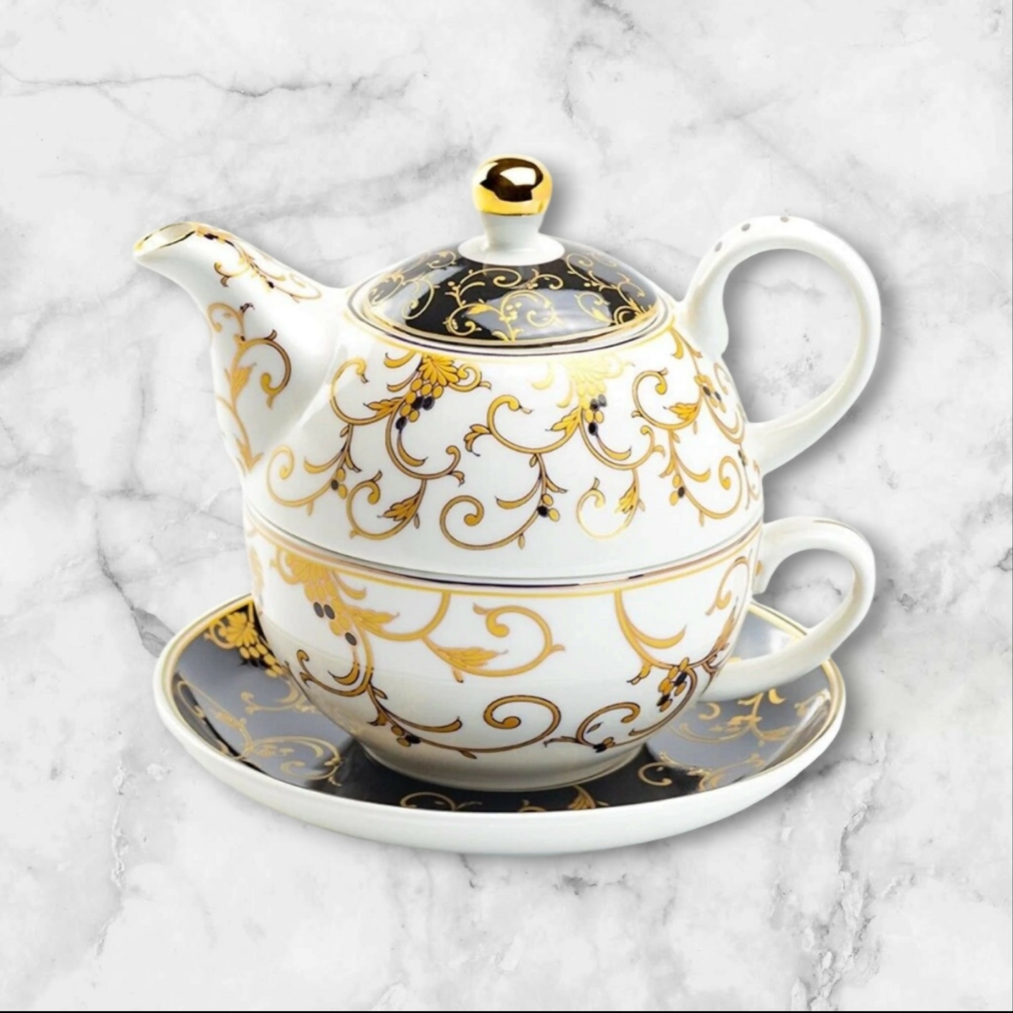 Grace Teaware China Black Gold Scroll Tea For One Set | Single | Excellent Condition