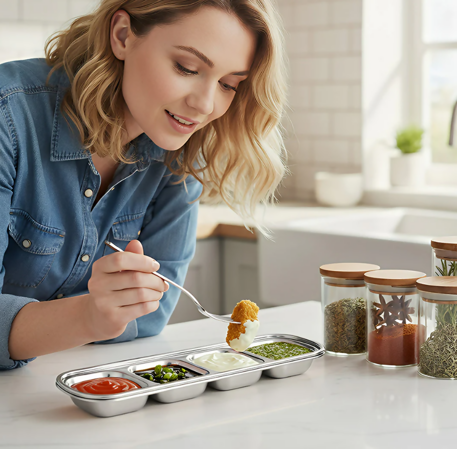 Anygleam Silver Stainless Steel 4-Grid Sauce Dish – Seasoning & Dipping Plates for Kitchenware
