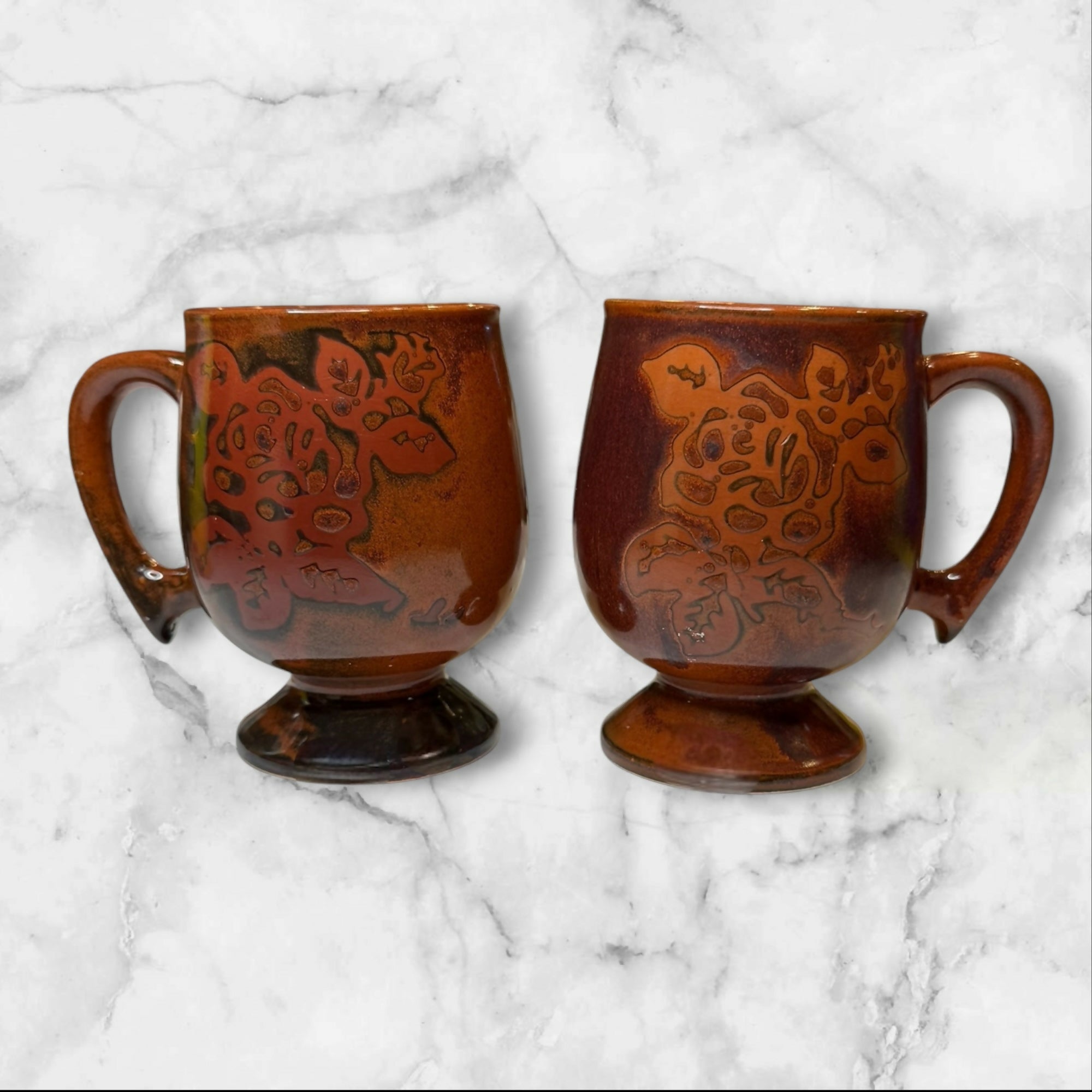 Vintage Reactive Glaze Stoneware Pedestal Mugs | Set of 3 | Excellent Condition
