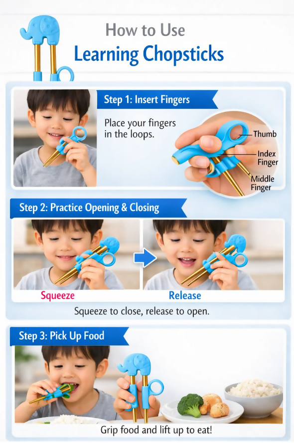 Anygleam Blue Gold Elephant Chopsticks – 1 Pair | Reusable Stainless Steel Cartoon Kids Utensils