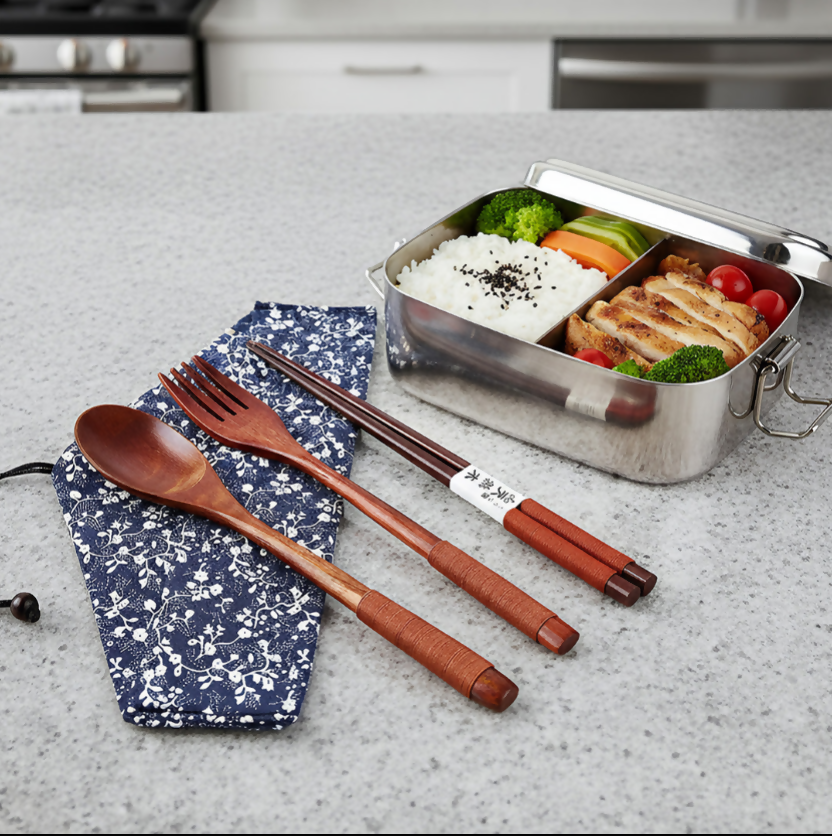 Anygleam 3pcs Orange Blue Pouch Set – Wooden Spoon Fork Chopsticks