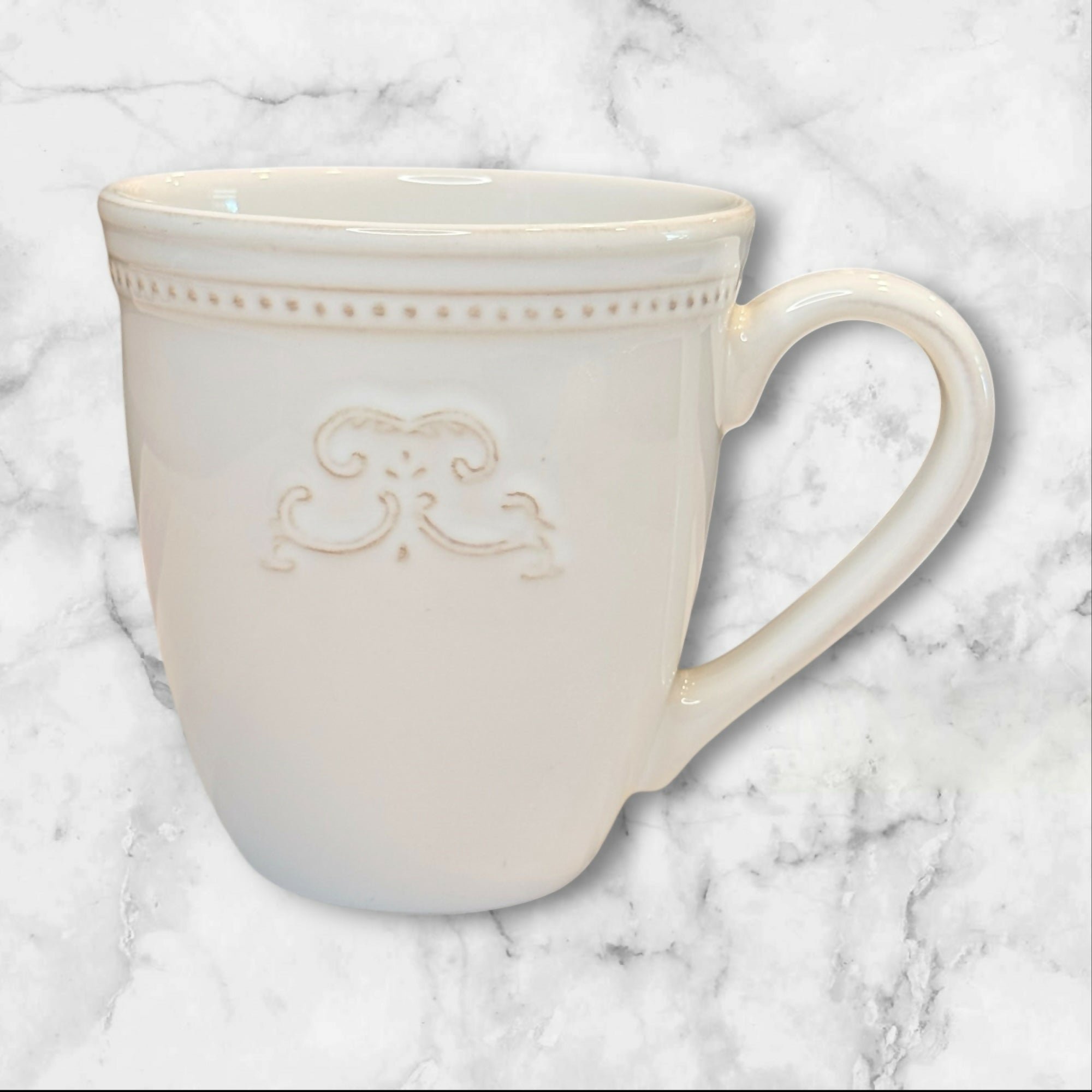 Sur La Table Pearl Stoneware Medallion Mugs | Set of 2 | Excellent Condition