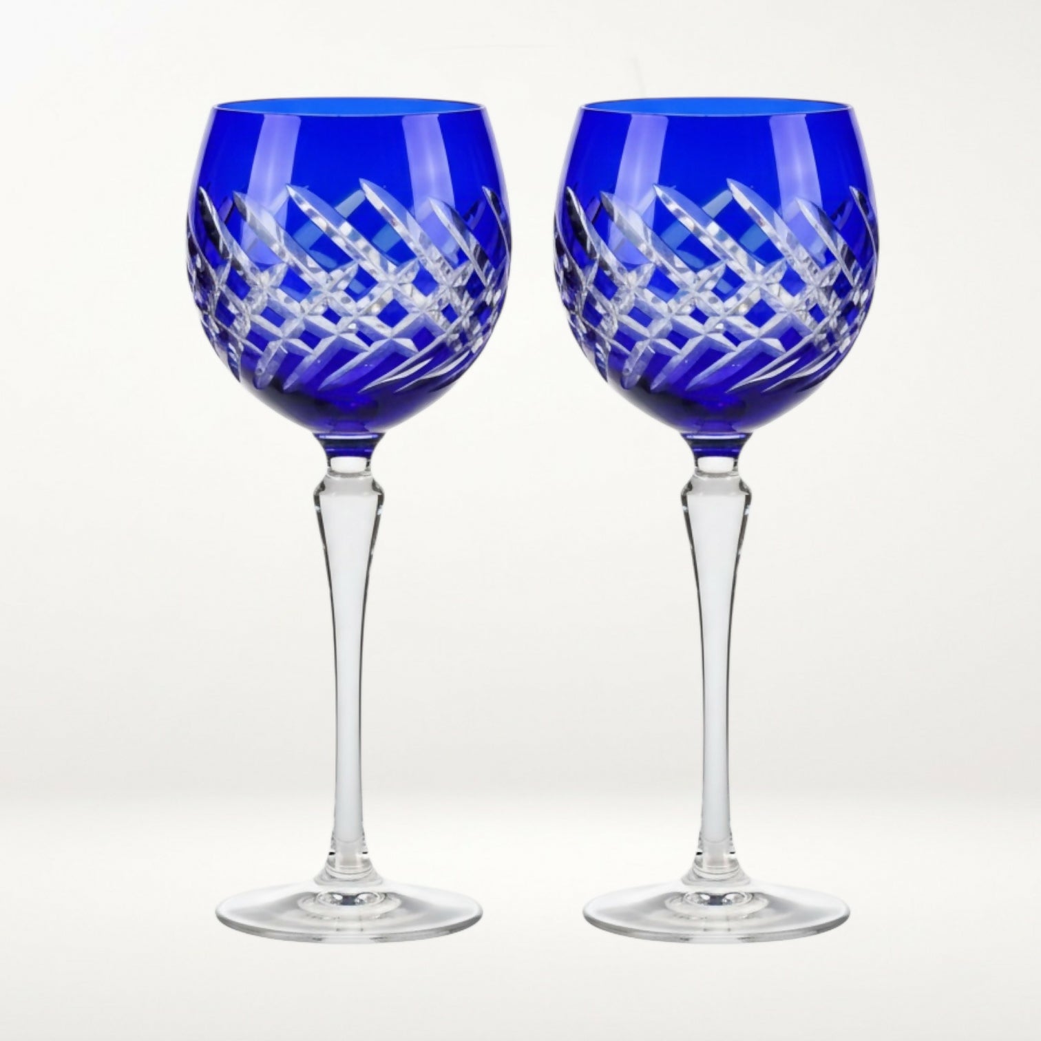 Hand Cut Blue Crystal Wine Glasses Romania | Set of 2 | Excellent Condition