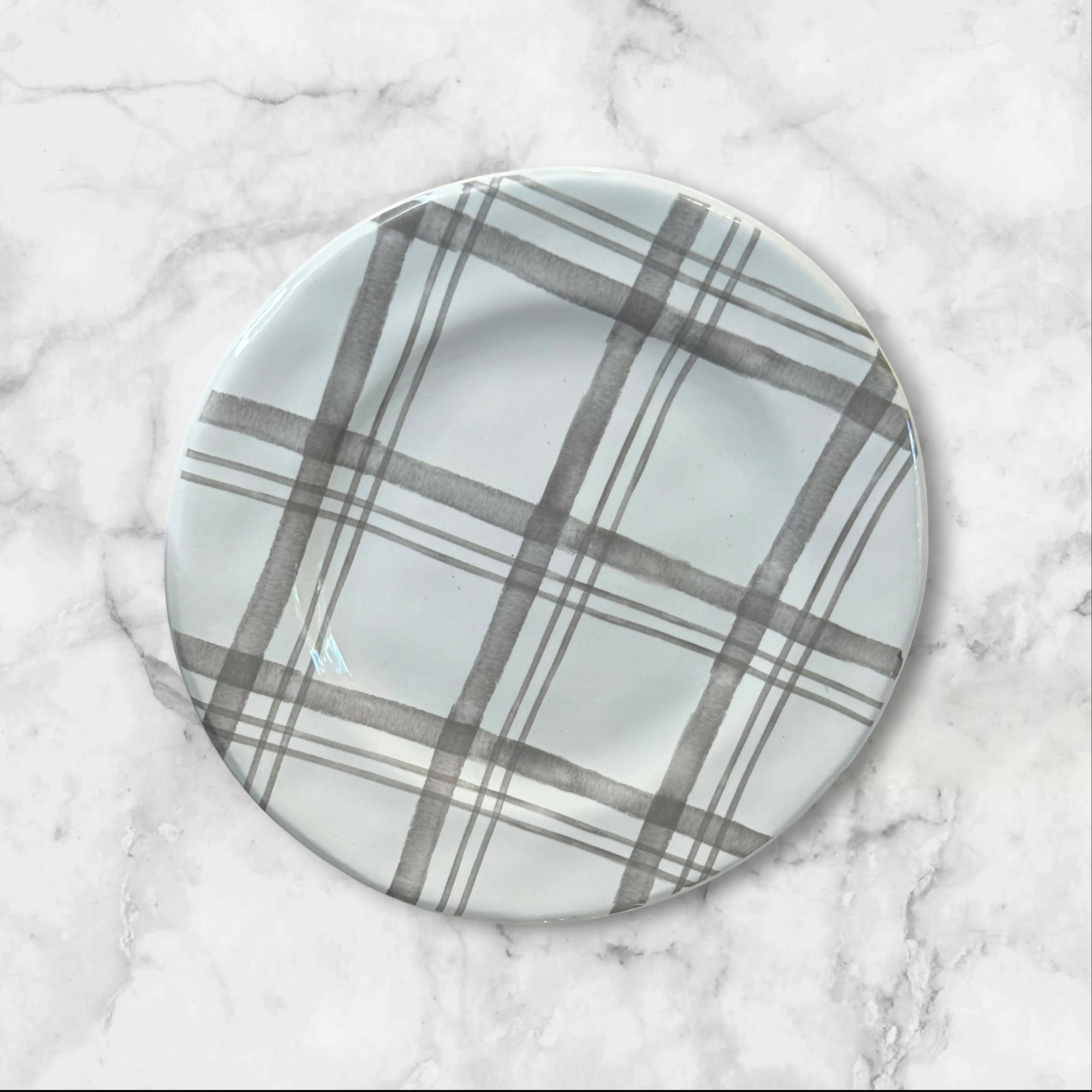 Pier 1 Linen Gray Plaid Salad Plates | Set of 6 | Ironstone | Excellent Condition
