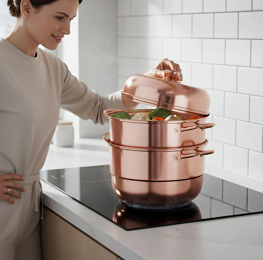 Anygleam Food Steamer Rose Gold Three Layer Thick Stainless Steel Universal Cooking for Induction Cooker Gas Stove Steam Pot