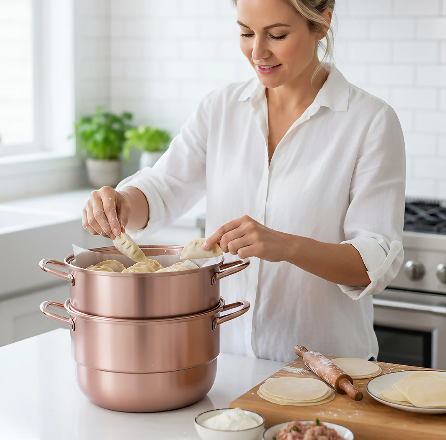 Anygleam Food Steamer Rose Gold Three Layer Thick Stainless Steel Universal Cooking for Induction Cooker Gas Stove Steam Pot