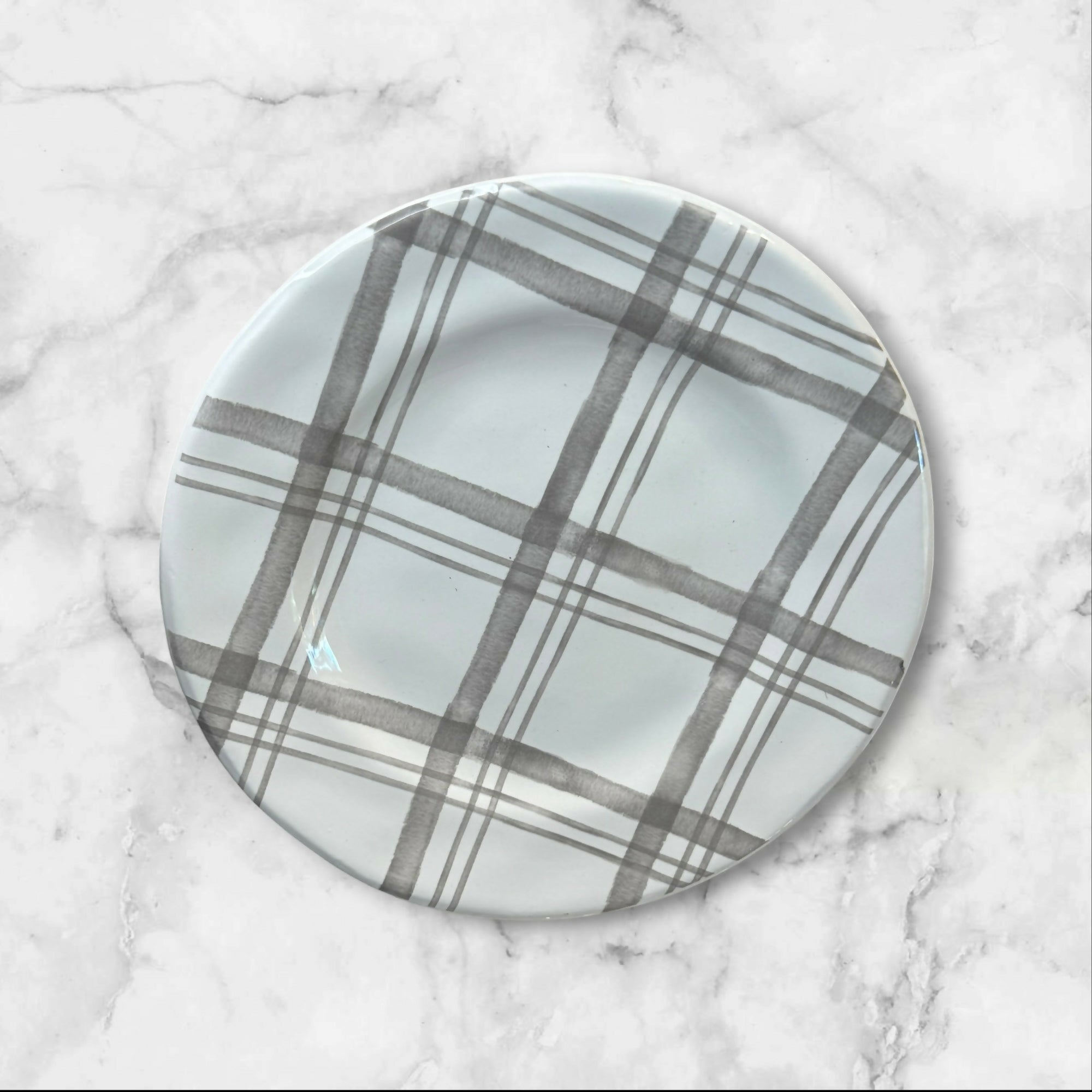 Pier 1 Linen Gray Plaid Salad Plates | Set of 6 | Ironstone | Excellent Condition