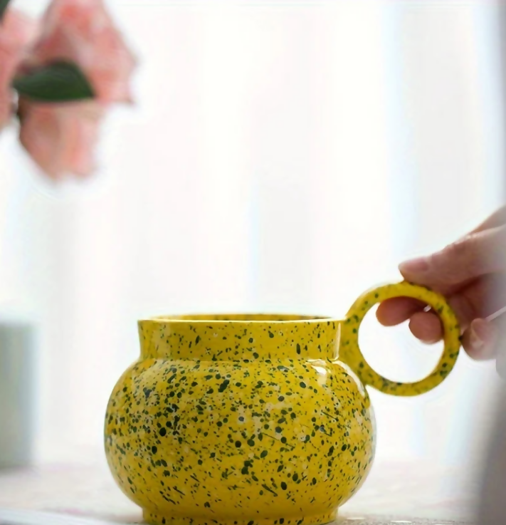ANYGLEAM Coffee Mug Yellow With Handle Ink Design Ceramic Drinkware