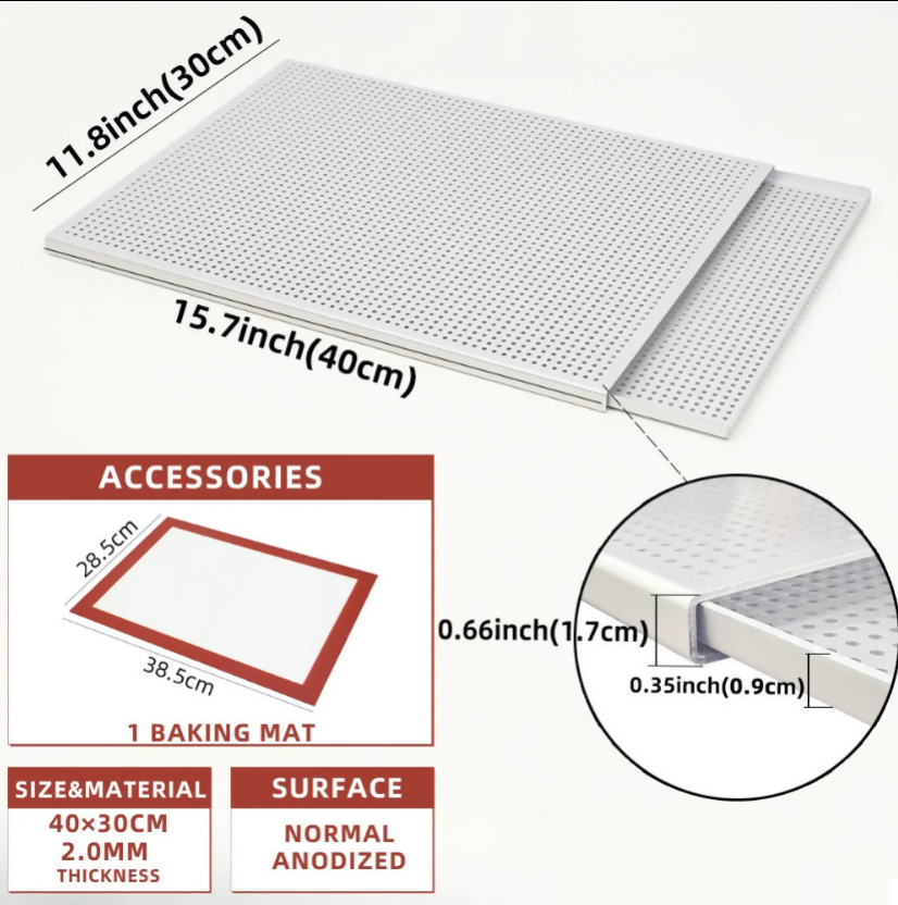 ANYGLEAM Baking Tray With 2Pc Silicone Mat Silver Rectangular Perforated Pastry Sheet Pan With Hole