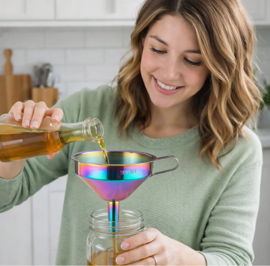 Anygleam Stainless Steel Funnel with Detachable Strainer –1 Pc Pink Rainbow Wide Cone Mouth for Small Jars, Silver Kitchen Utensil