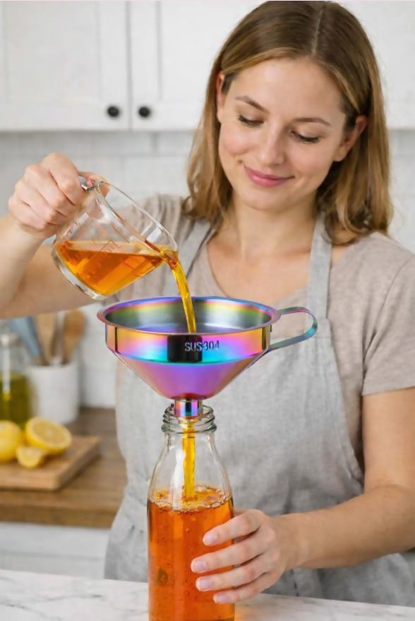 Anygleam Stainless Steel Funnel with Detachable Strainer –1 Pc Pink Rainbow Wide Cone Mouth for Small Jars, Silver Kitchen Utensil