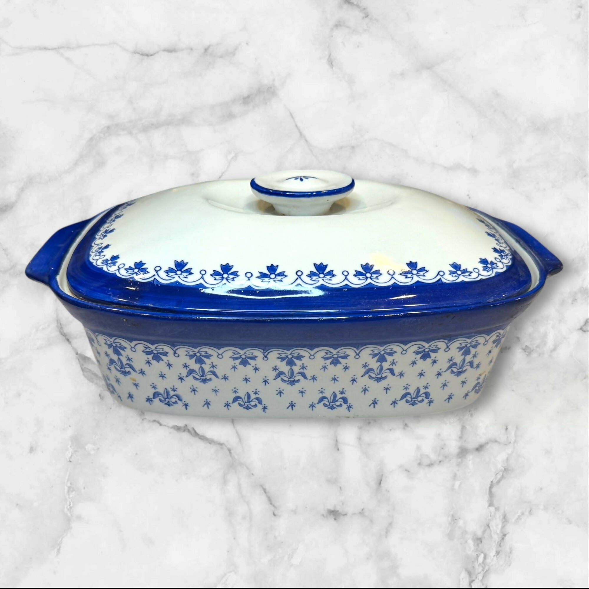 WCL Blue & White Covered Casserole Dish | 13.75” | Floral Pattern | No Chips