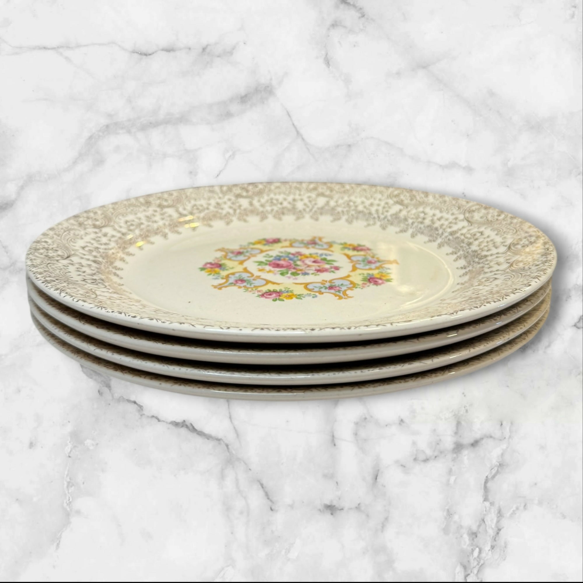 Union Made 22K Gold Floral Dinner Plates | Set of 4 | Vintage Condition