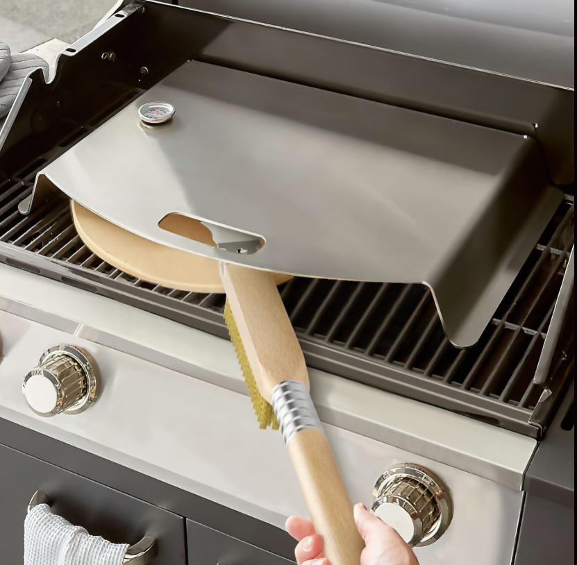 Anygleam Wooden 65cm Pizza Oven Copper Brush with Metal Scraper Tool Cleaning Accessories