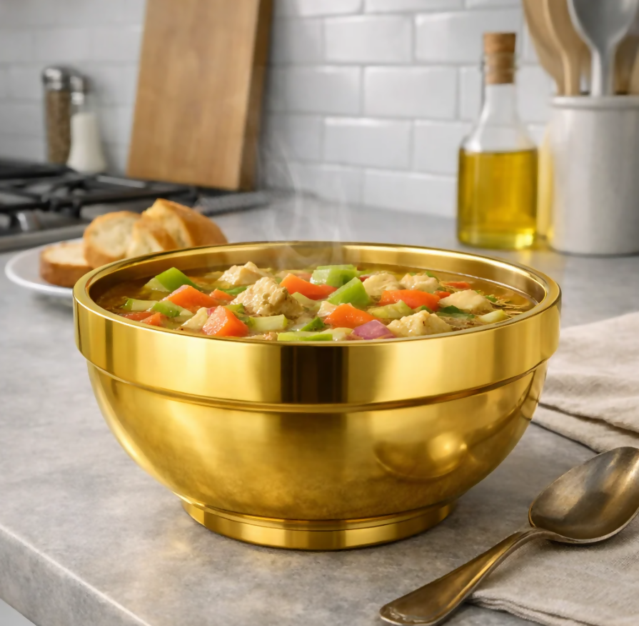 Anygleam Gold Rice Bowls – 2Pcs Big Stainless Steel, Single-Layer Anti-Scalding Cooking Utensils