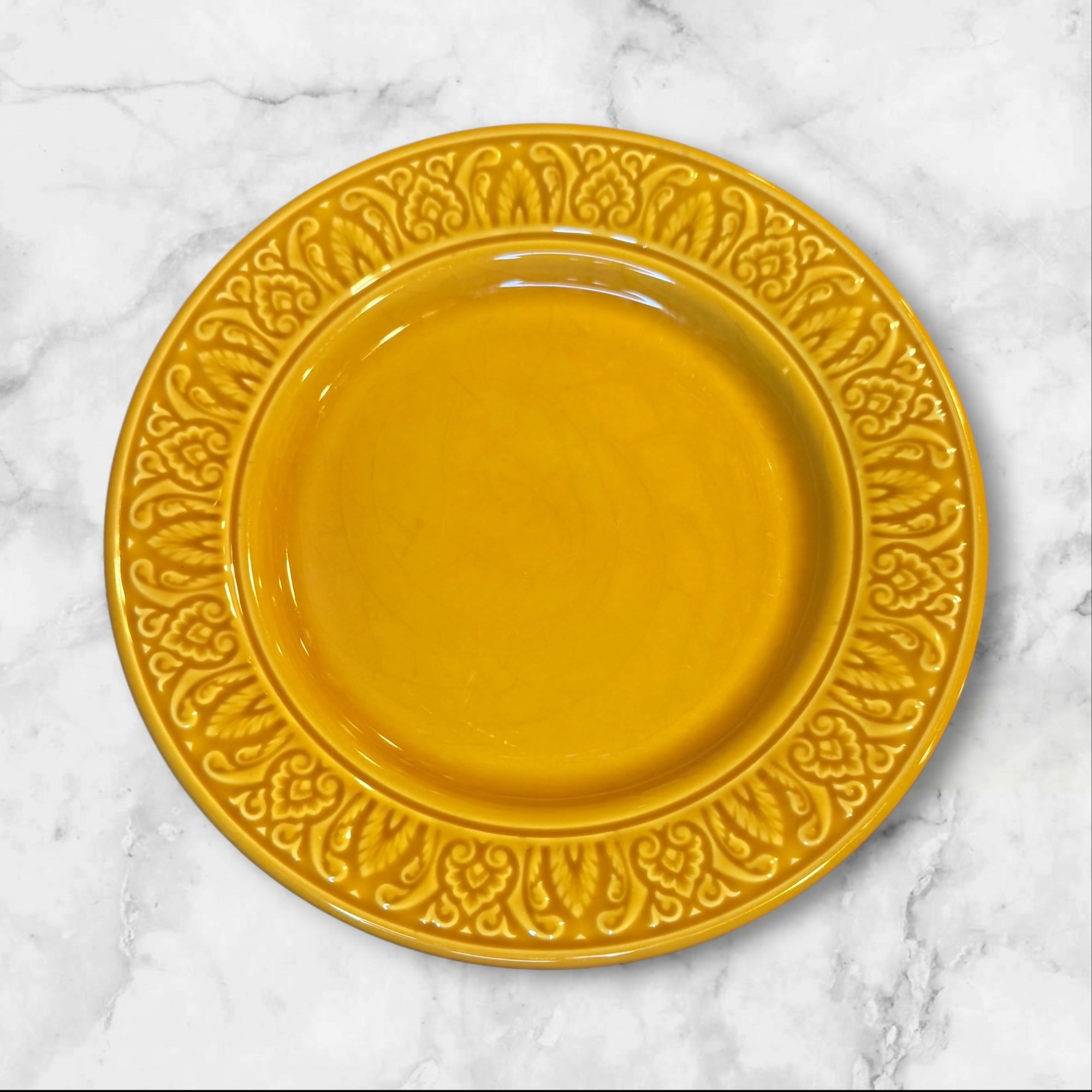 World Market Embossed Yellow Dinner Plates Set of 4 | Good Condition