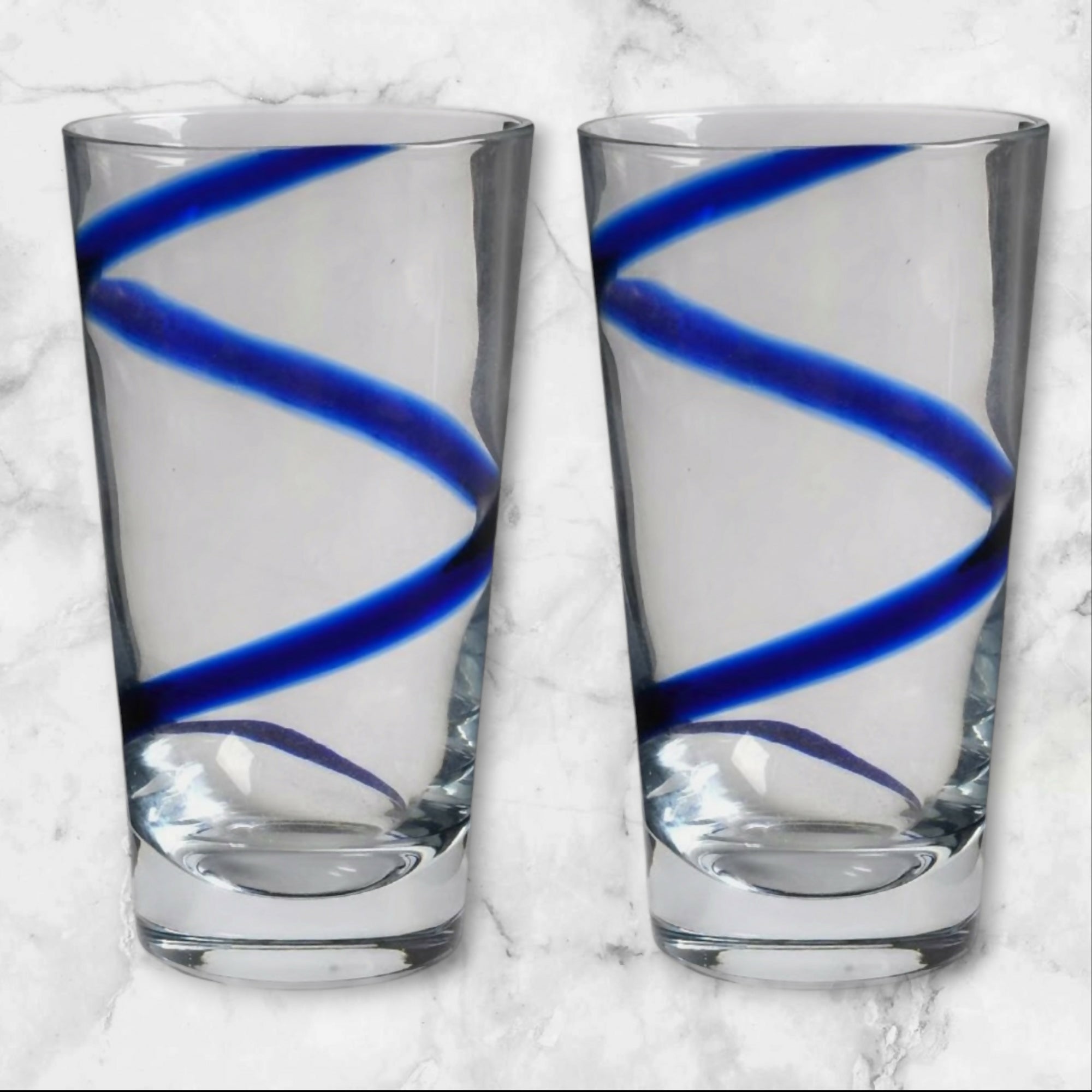 Pier 1 Swirline Cobalt Highball Glasses Set of 2 | Hand Blown Blue Swirl