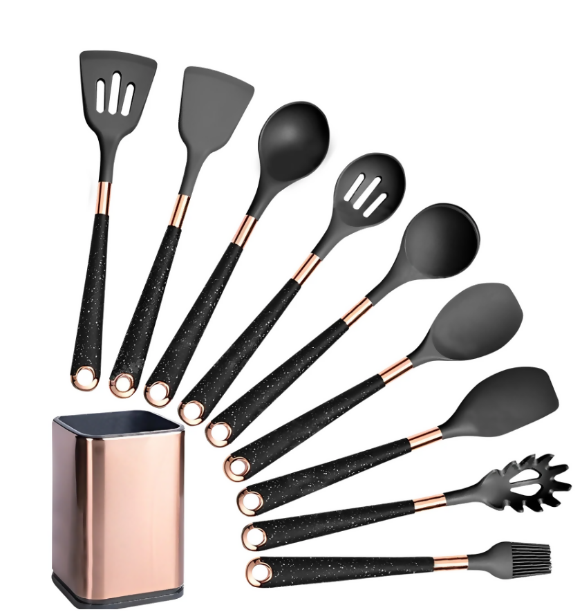 Anygleam Kitchen Utensils Non-stick Black 9 Set Gold Plated Handle with Support Point and Storage Box Cooking Tool Accessories Heat Resistant Kitchenware