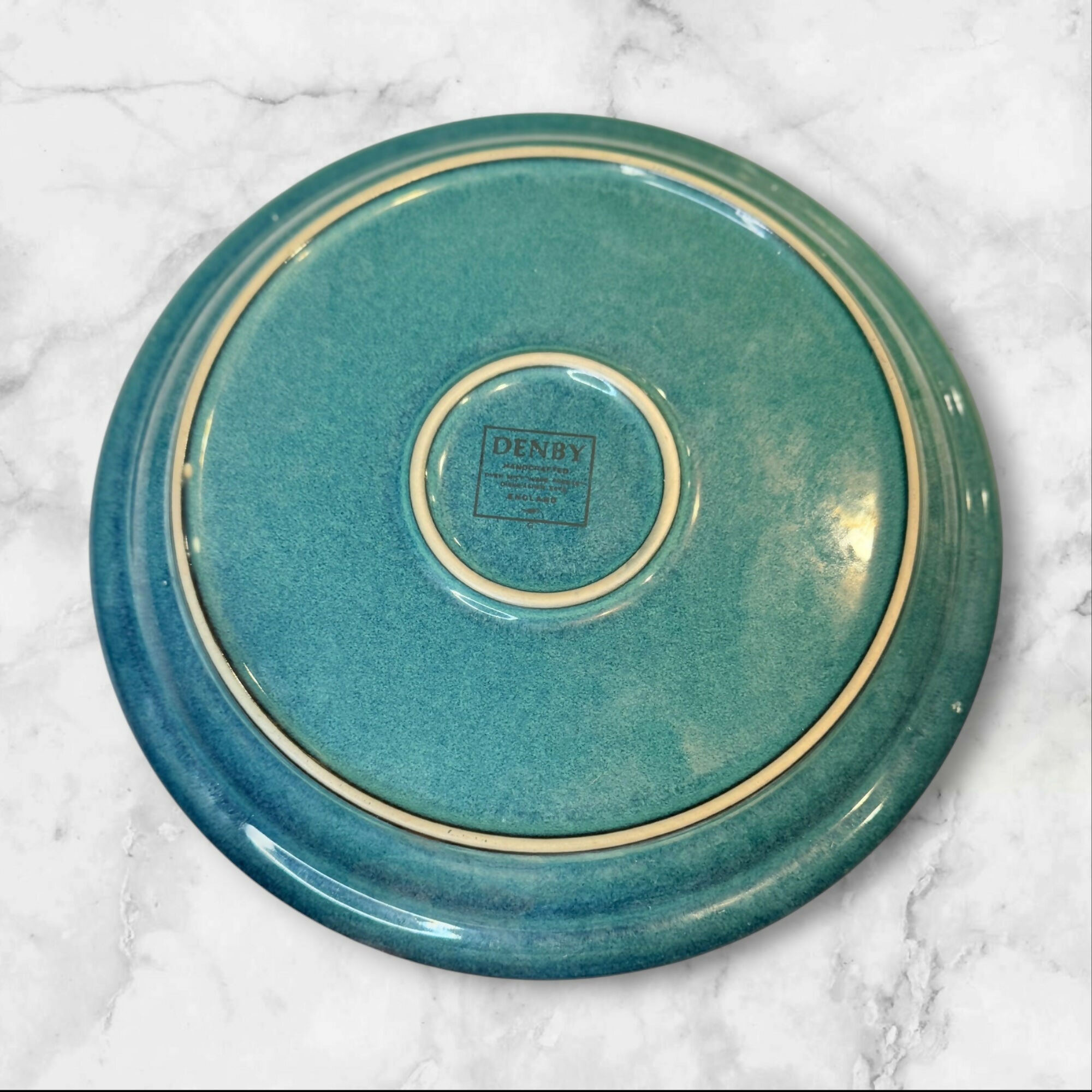 Denby Langley Greenwich Dinner Plates Set of 4 Green Rim 10.25” Stoneware