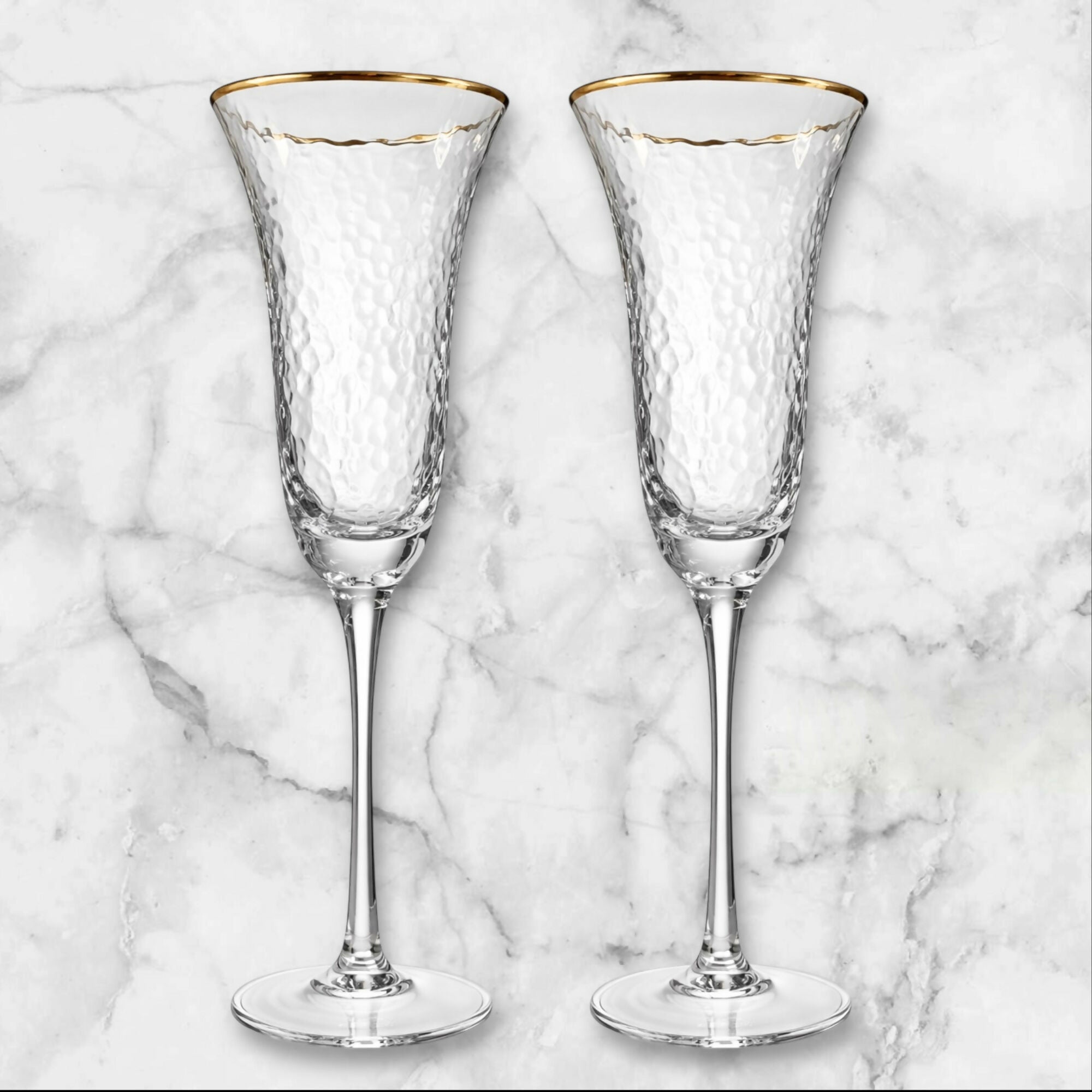 Hammered Gold Rim Champagne Flutes | Set of 2 | Excellent Condition